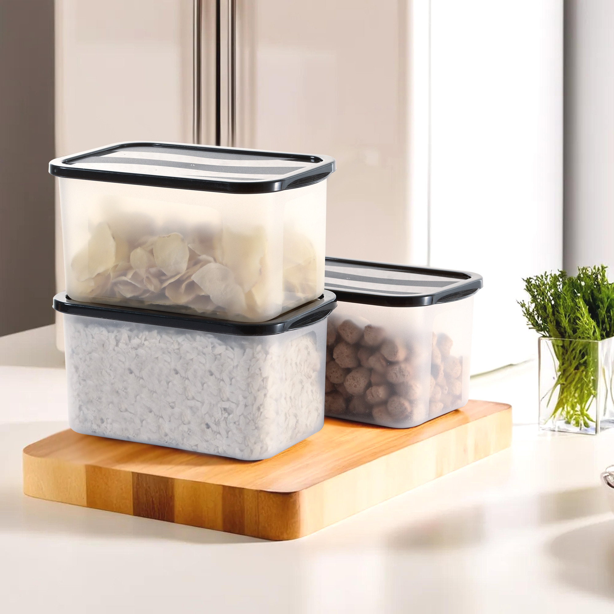 Kuber Industries 3 Pcs Plastic Kitchen Boxes for Storage Set -For Namkeen Biscuits Lentils Dal  Pulses - Stackable Organizer for Kitchen  Black