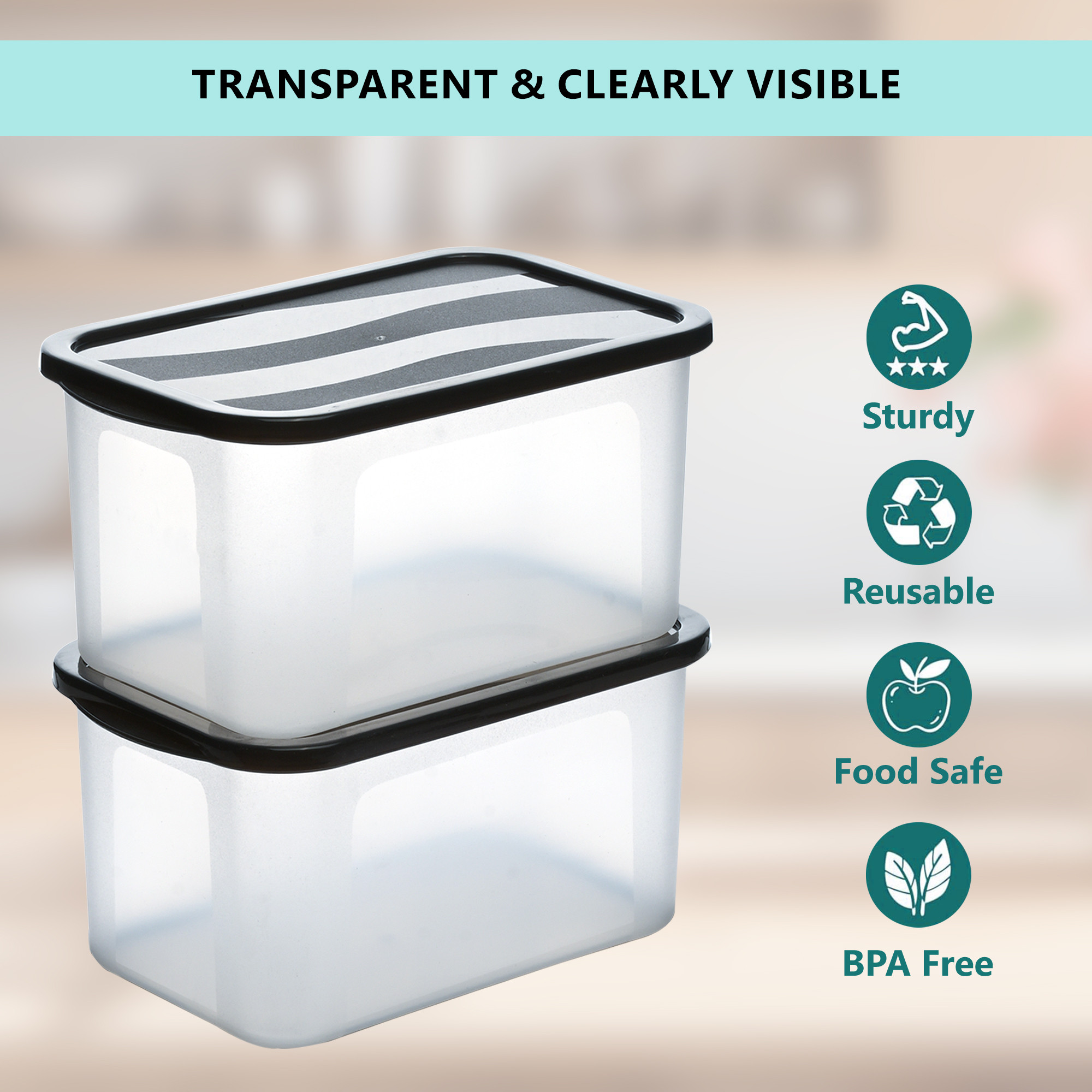 Kuber Industries 3 Pcs Plastic Kitchen Boxes for Storage Set -For Namkeen Biscuits Lentils Dal  Pulses - Stackable Organizer for Kitchen  Black