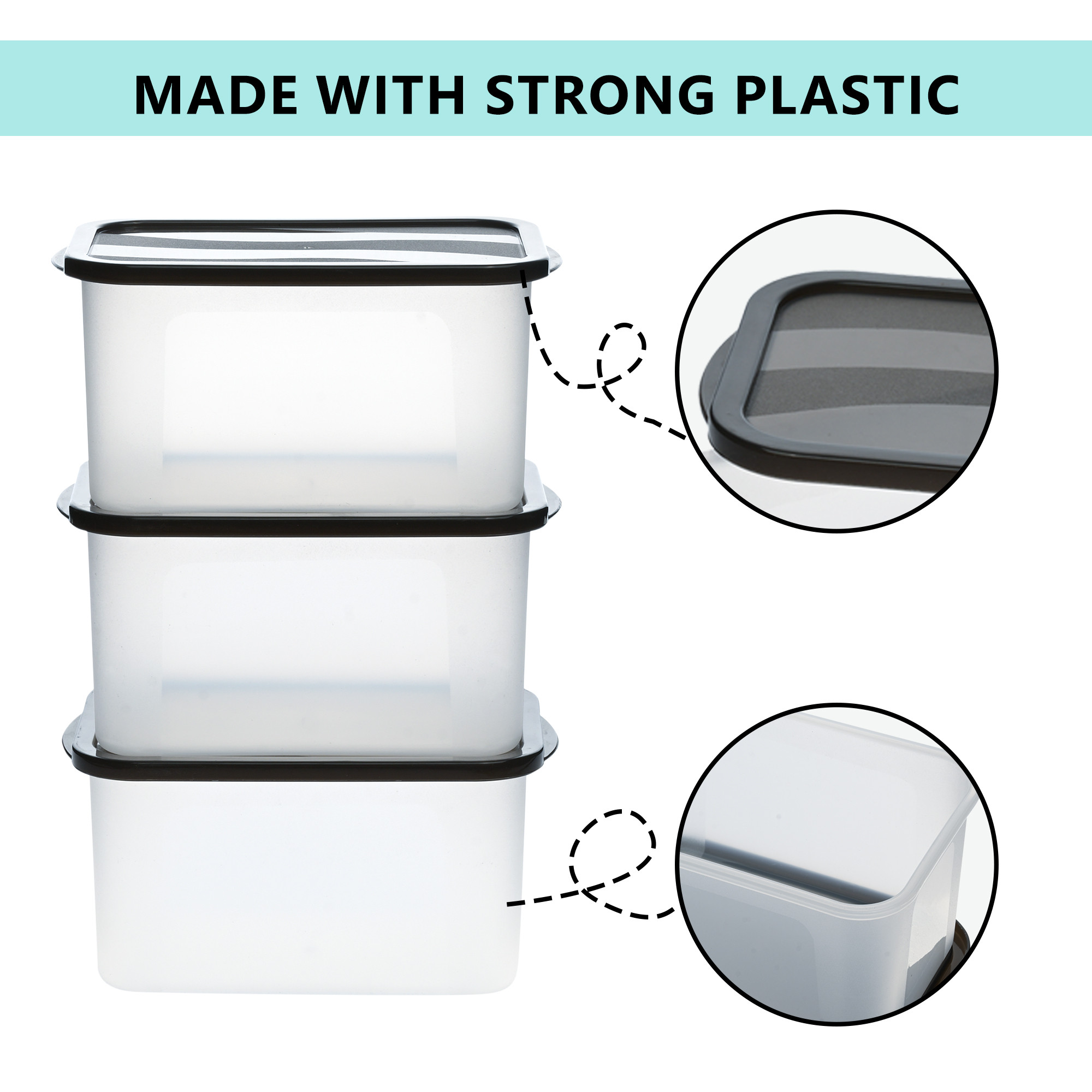 Kuber Industries 3 Pcs Plastic Kitchen Boxes for Storage Set -For Namkeen Biscuits Lentils Dal  Pulses - Stackable Organizer for Kitchen  Black