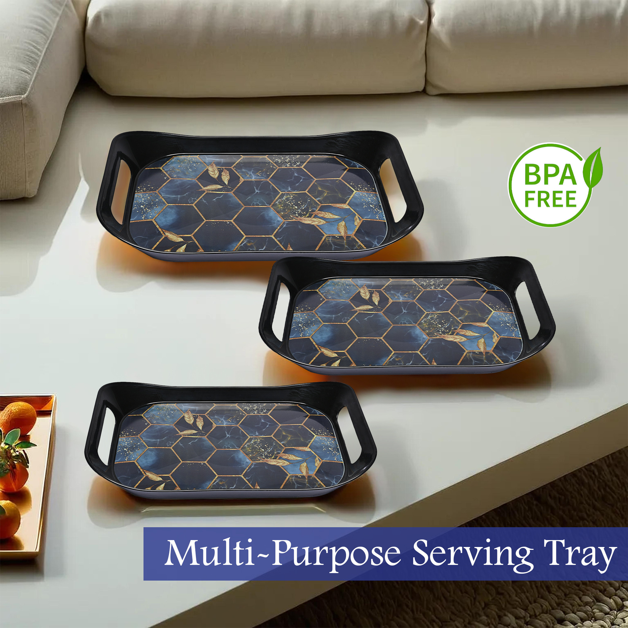 Kuber Industries 3 Pcs Serving Tray Set  Nested Trays for Kitchen-Dining Room or Living Room  Plastic Serving Tray for Tea-Snacks-Breakfast-Dinner  Hexagon Serving Tray Set  Black