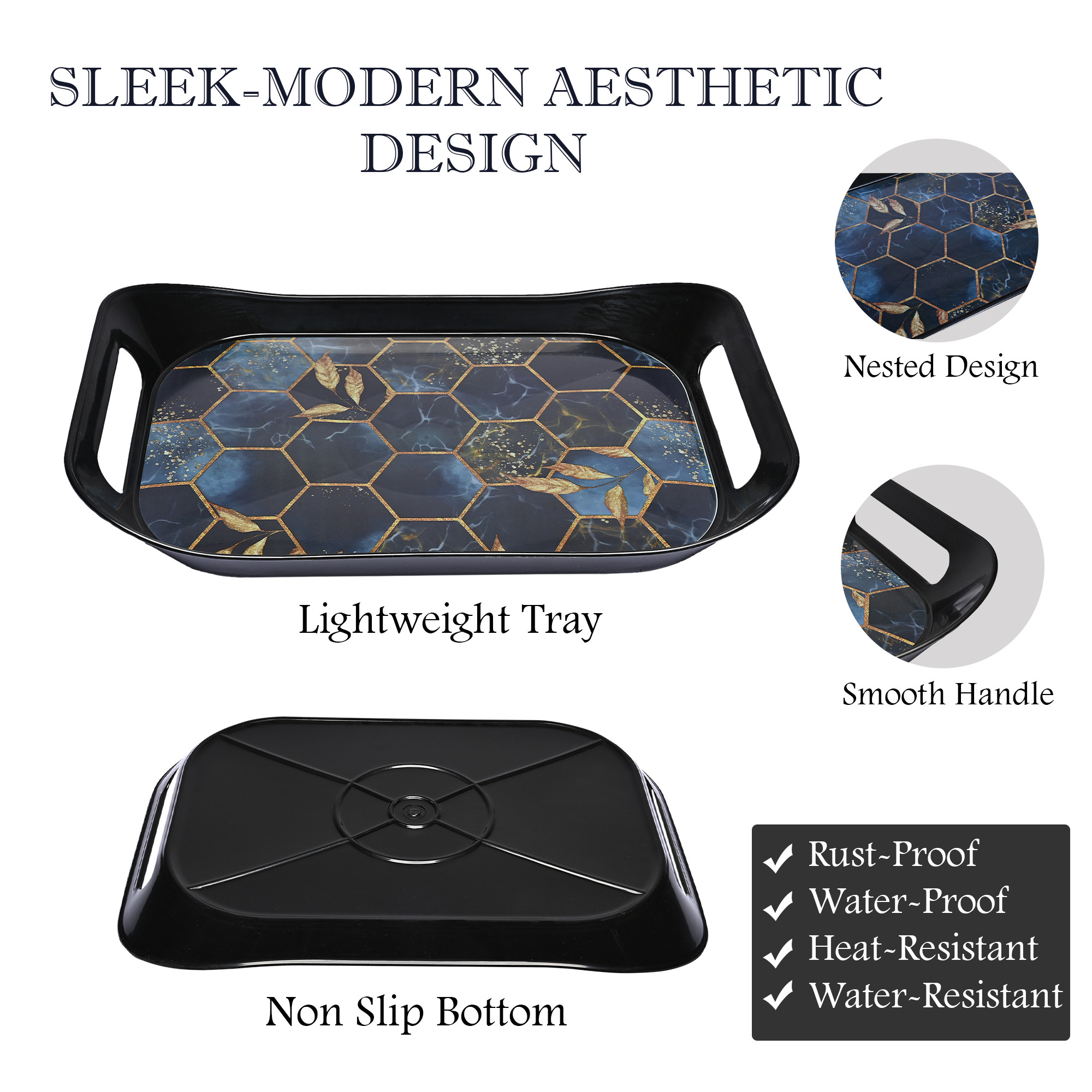 Kuber Industries 3 Pcs Serving Tray Set  Nested Trays for Kitchen-Dining Room or Living Room  Plastic Serving Tray for Tea-Snacks-Breakfast-Dinner  Hexagon Serving Tray Set  Black