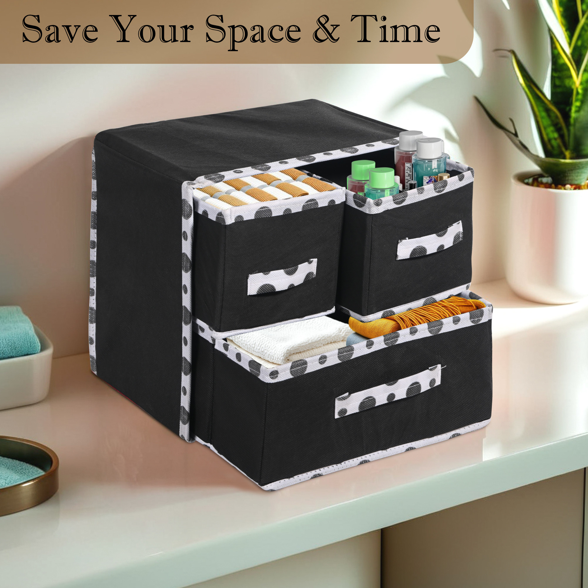 Kuber Industries 3 Pcs Set Drawer Organizer for Storage  DressingJewlleryMakeup Organizer  Closet Dresser Drawer Organizer  Cube Basket for Bra Underwear Socks  Dot Printed - Black