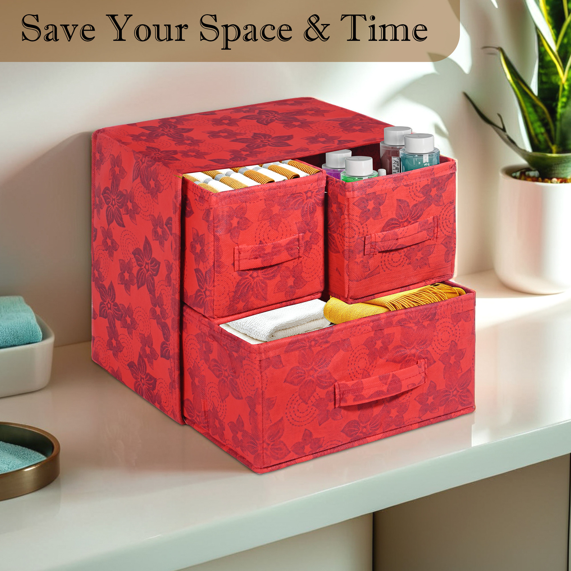 Kuber Industries 3 Pcs Set Drawer Organizer for Storage  DressingJewlleryMakeup Organizer for Cloth  Closet Dresser Drawer Organizer  Cube Basket for Bra Underwear Socks  Flower - Red
