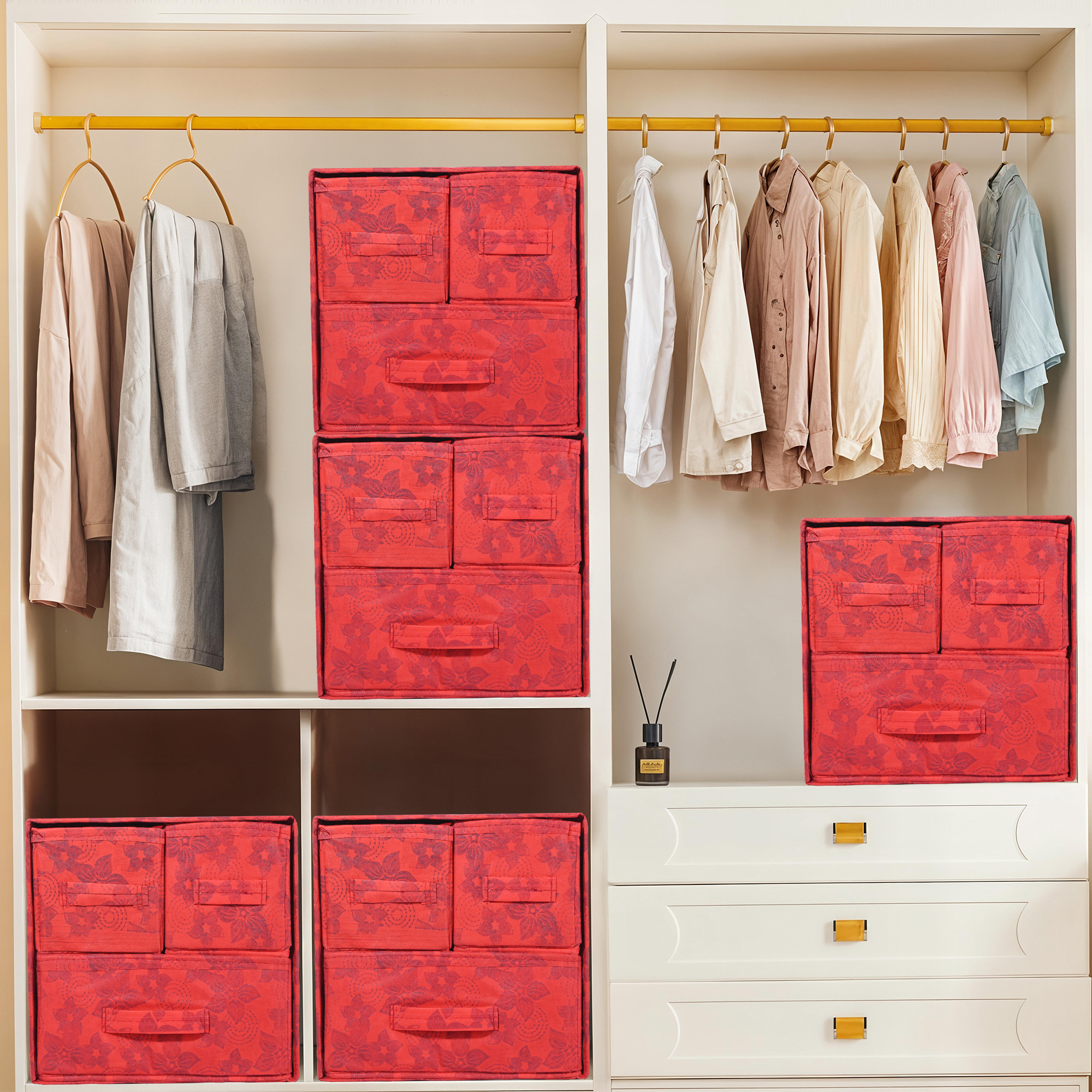 Kuber Industries 3 Pcs Set Drawer Organizer for Storage  DressingJewlleryMakeup Organizer for Cloth  Closet Dresser Drawer Organizer  Cube Basket for Bra Underwear Socks  Flower - Red