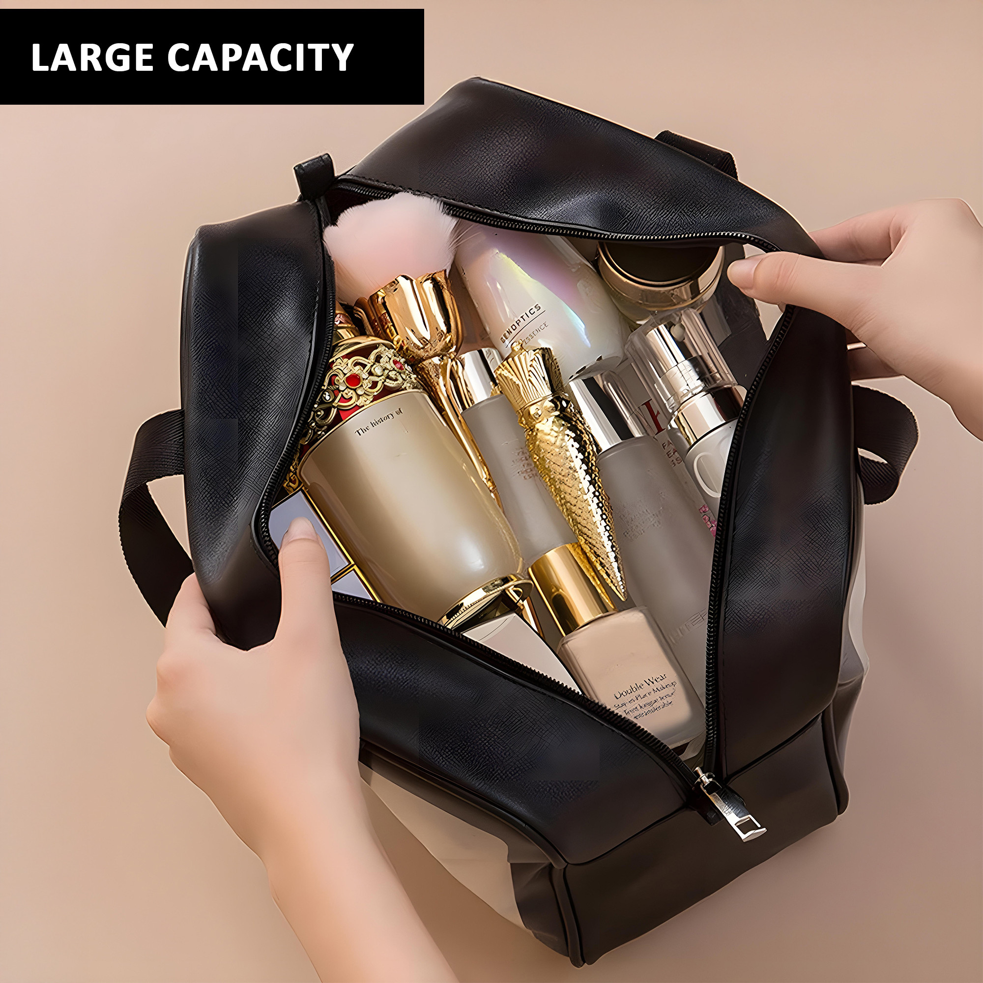 Kuber Industries 3 Pcs Set Leather Transparent Makeup Kit Bag for Women with Handle  Wash Bag for Travel  Toiletry  Cosmetic Organizer - Ideal for Home  Bathroom  Black