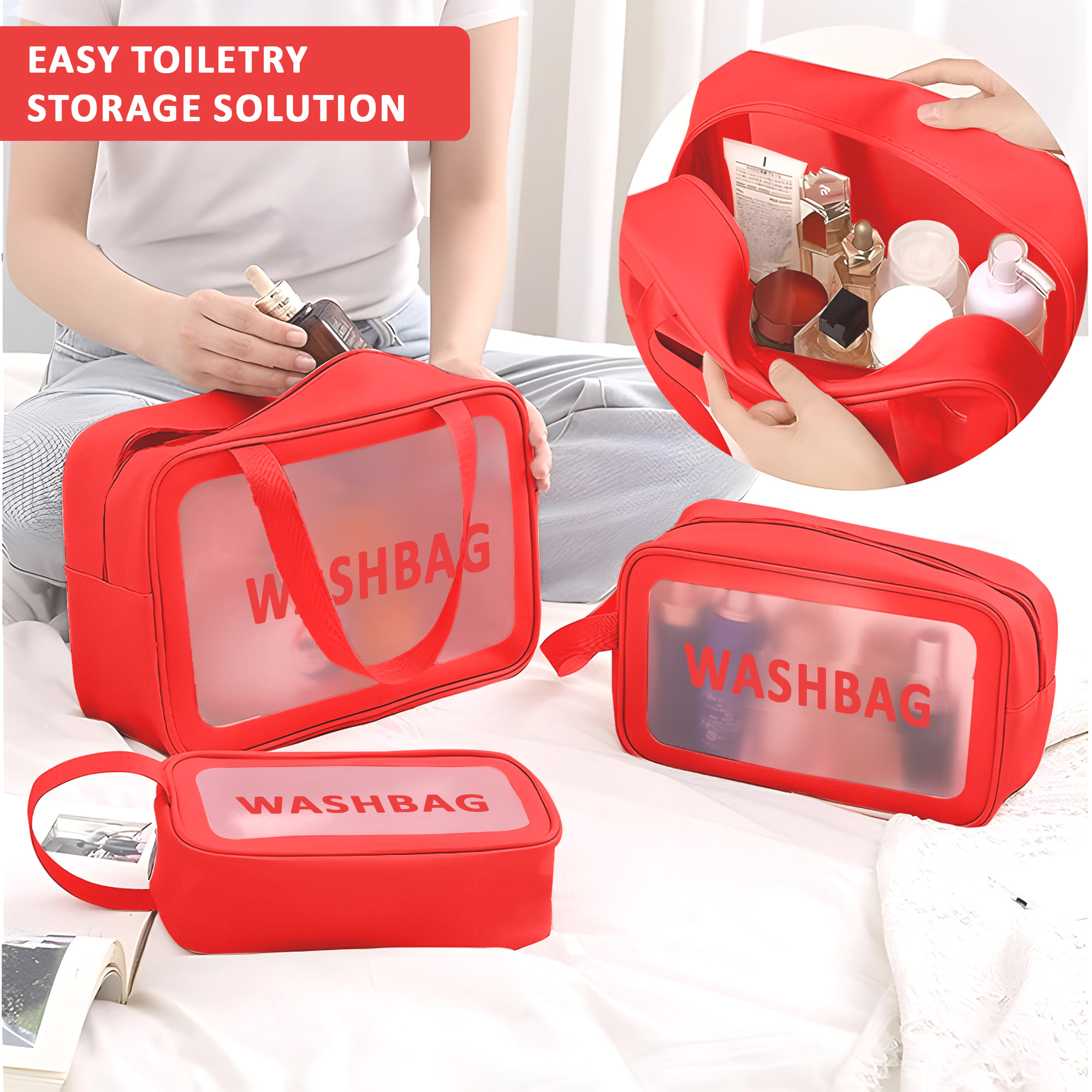 Kuber Industries 3 Pcs Set Leather Transparent Makeup Kit Bag for Women with Handle  Wash Bag for Travel  Toiletry  Cosmetic Organizer - Ideal for Home  Bathroom  Red