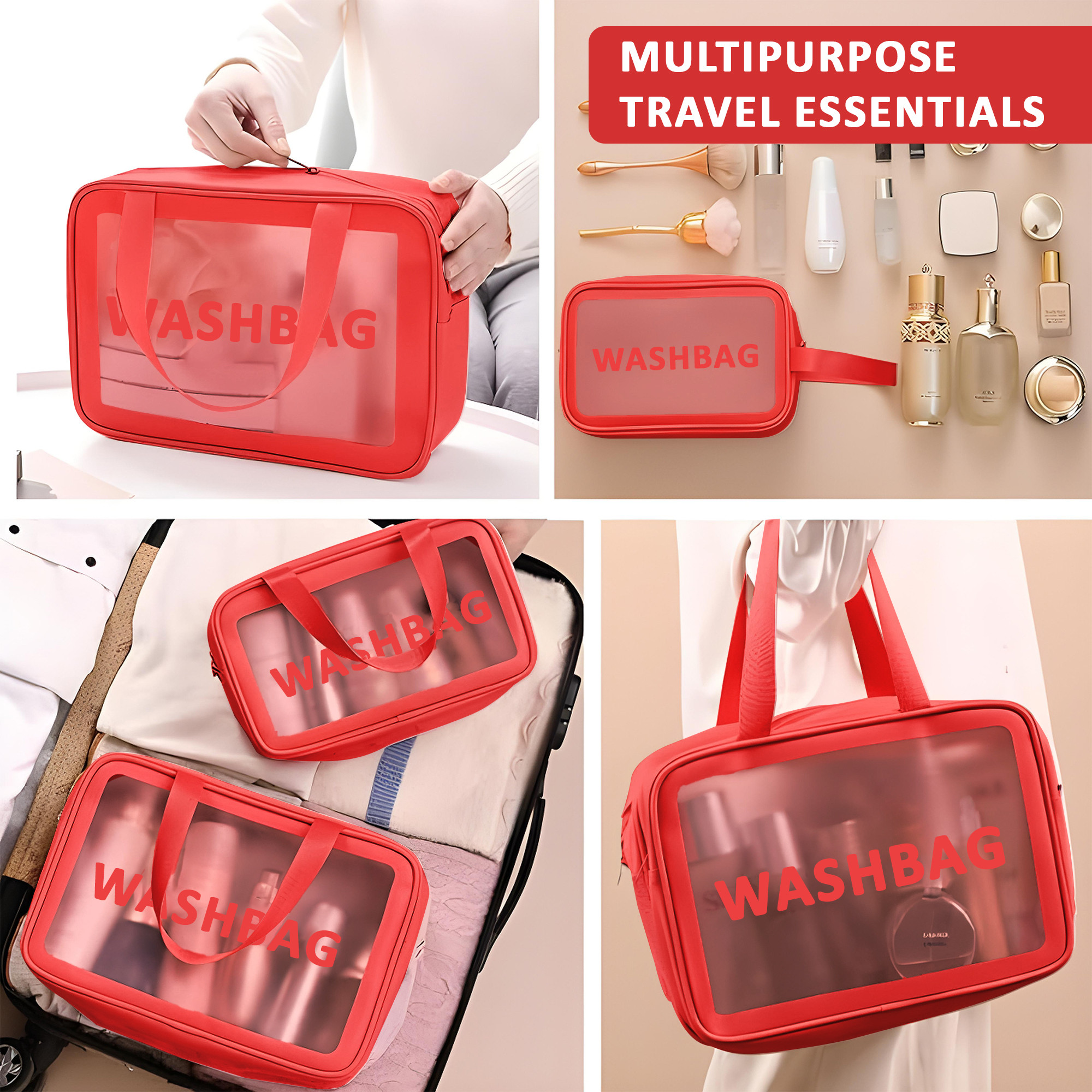 Kuber Industries 3 Pcs Set Leather Transparent Makeup Kit Bag for Women with Handle  Wash Bag for Travel  Toiletry  Cosmetic Organizer - Ideal for Home  Bathroom  Red