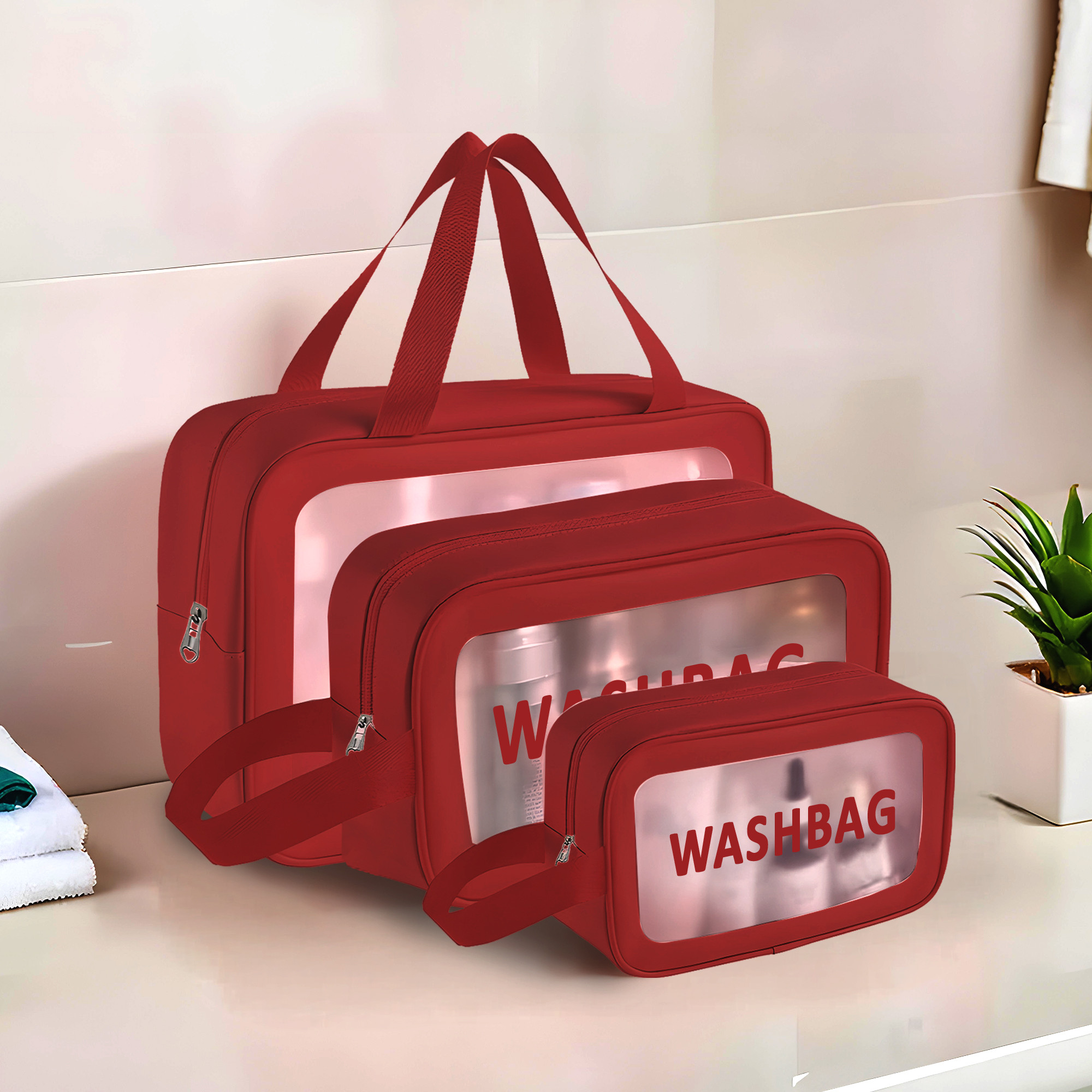 Kuber Industries 3 Pcs Set Leather Transparent Makeup Kit Bag for Women with Handle  Wash Bag for Travel  Toiletry  Cosmetic Organizer - Ideal for Home  Bathroom  Maroon