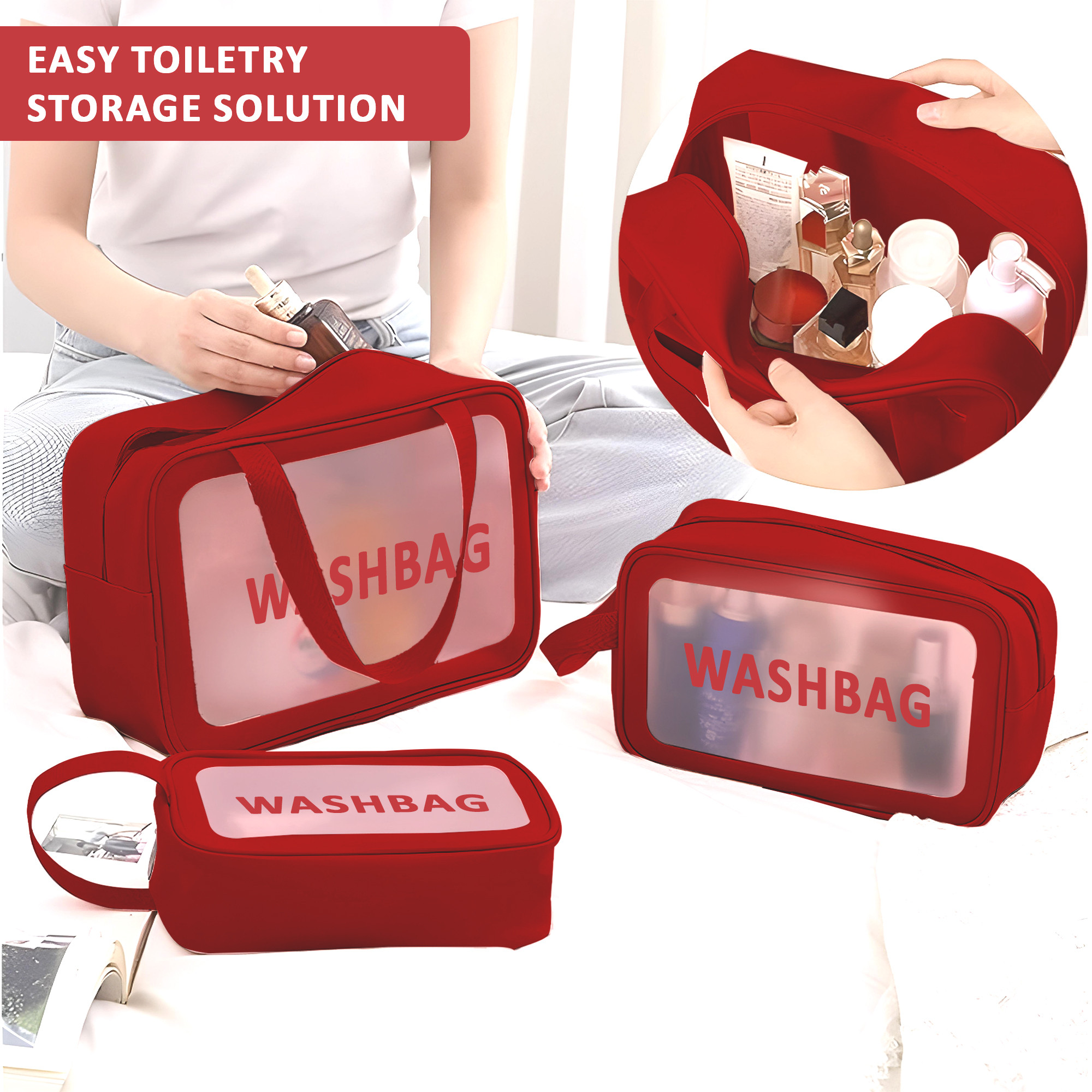 Kuber Industries 3 Pcs Set Leather Transparent Makeup Kit Bag for Women with Handle  Wash Bag for Travel  Toiletry  Cosmetic Organizer - Ideal for Home  Bathroom  Maroon