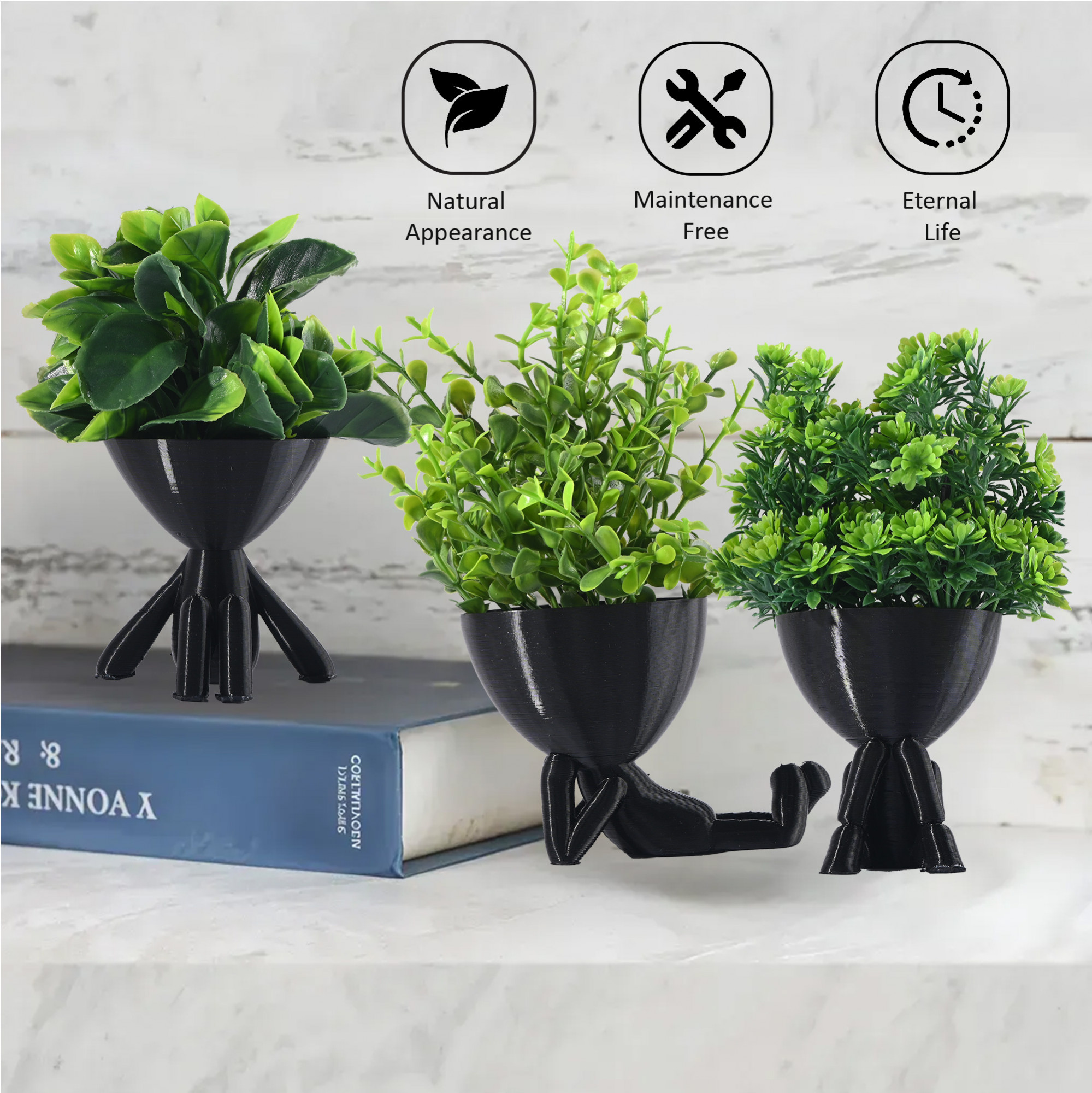 Kuber Industries 3 Pcs Set Plastic Mini Artificial Plants with Pot  Table Top  TV Unit Decorative Items for Living Room  Faux Plants for Home Decor  Office Desk  Man Shape - Black