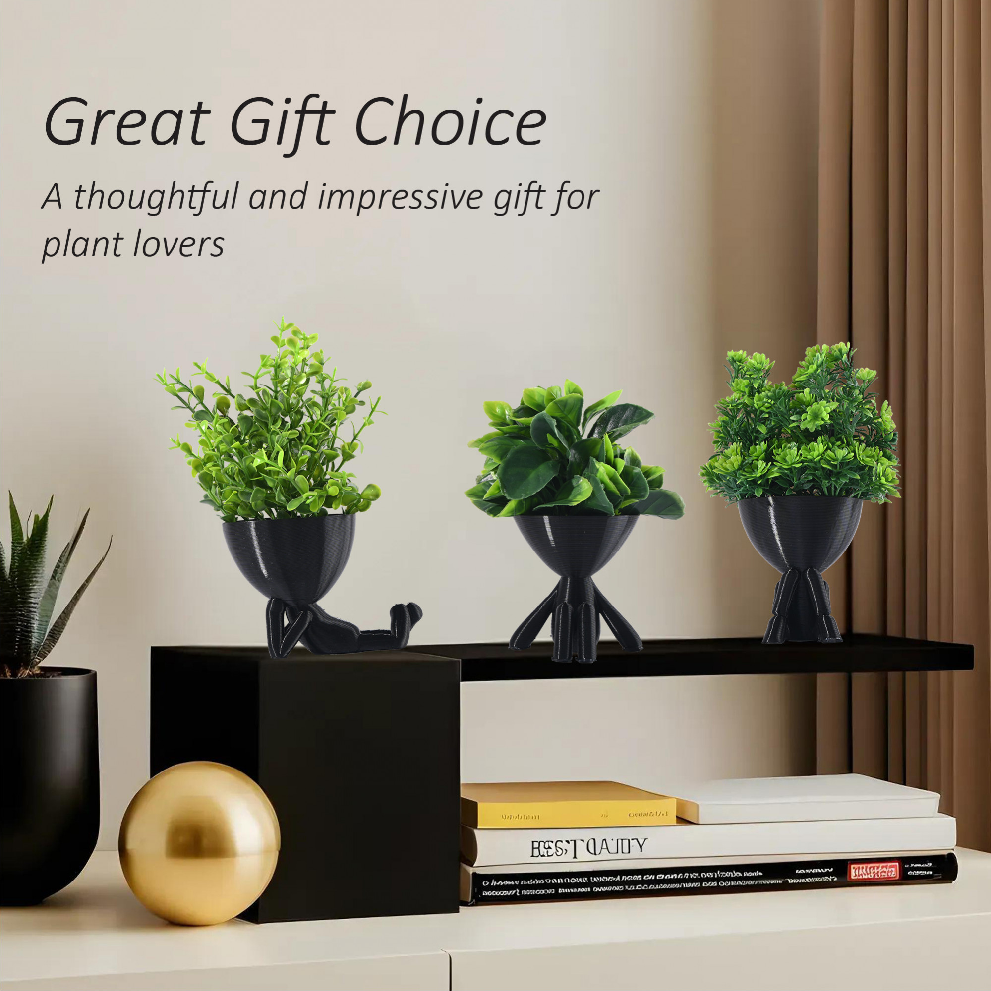 Kuber Industries 3 Pcs Set Plastic Mini Artificial Plants with Pot  Table Top  TV Unit Decorative Items for Living Room  Faux Plants for Home Decor  Office Desk  Man Shape - Black