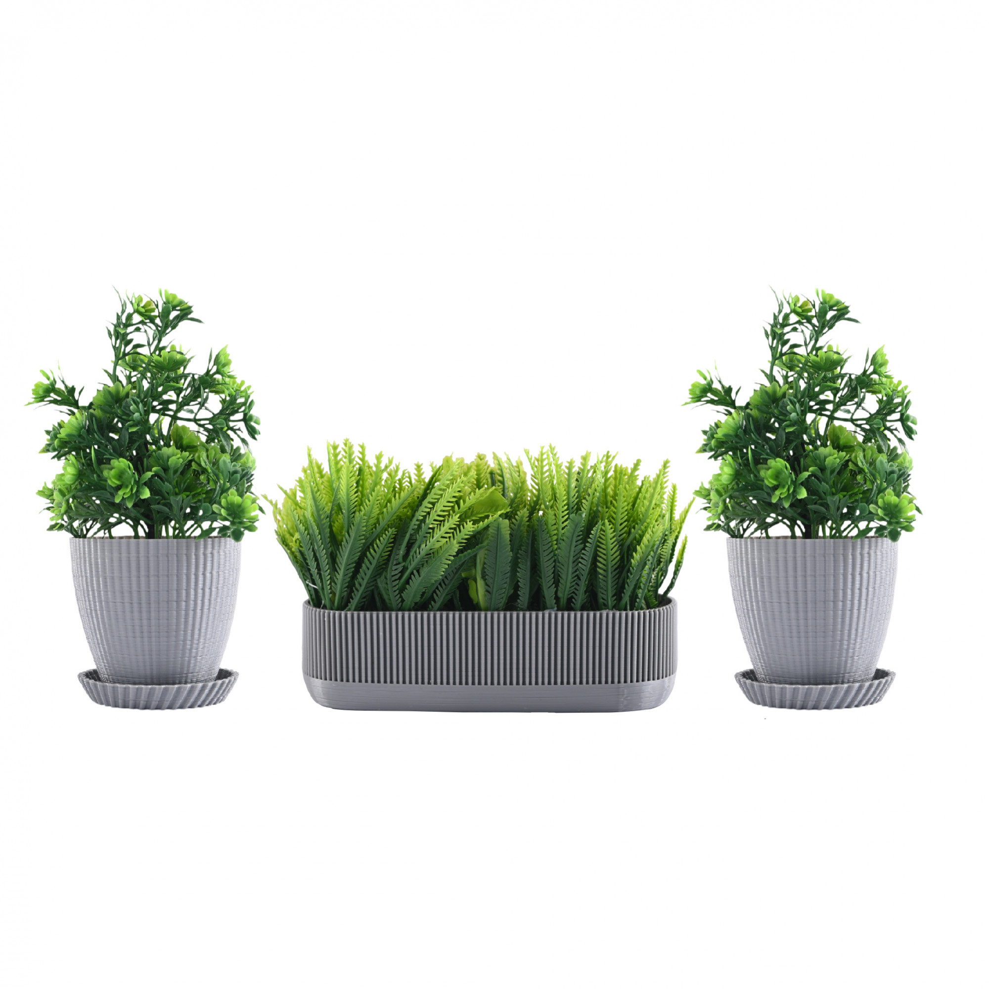 Kuber Industries 3 Pcs Set Plastic Mini Artificial Plants with Pot  Table Top  TV Unit Decorative Items for Living Room  Faux Plants for Home Decor  Office Desk  Lining 1002 - Grey