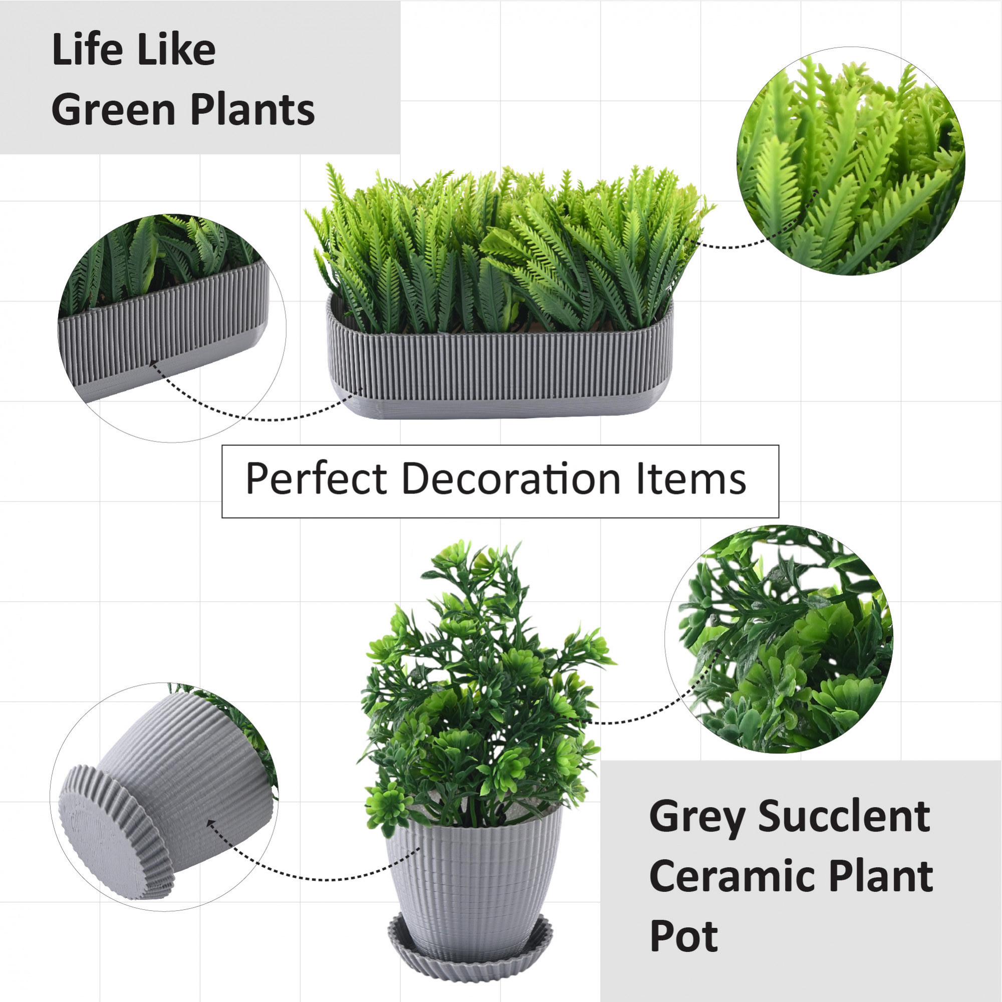 Kuber Industries 3 Pcs Set Plastic Mini Artificial Plants with Pot  Table Top  TV Unit Decorative Items for Living Room  Faux Plants for Home Decor  Office Desk  Lining 1002 - Grey