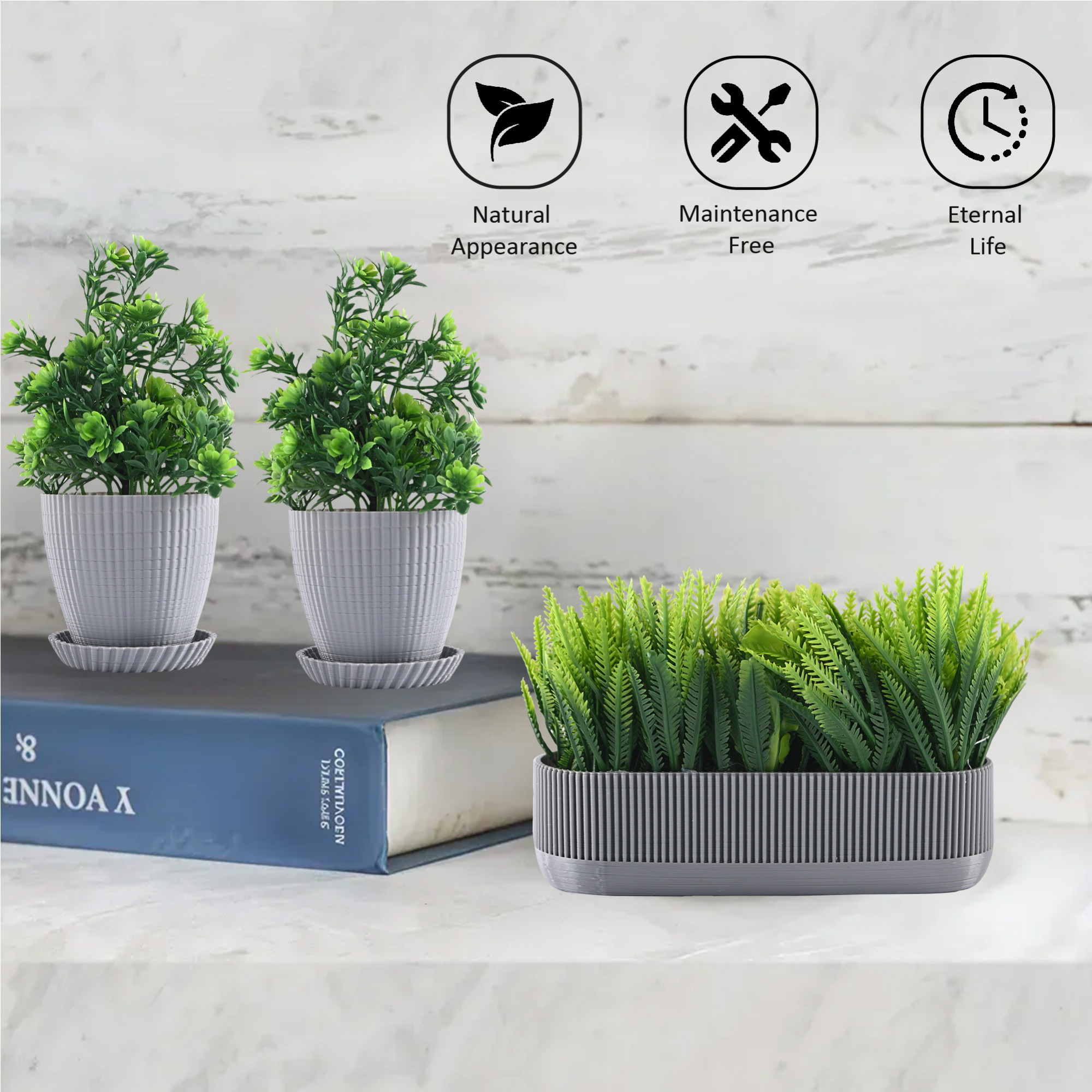 Kuber Industries 3 Pcs Set Plastic Mini Artificial Plants with Pot  Table Top  TV Unit Decorative Items for Living Room  Faux Plants for Home Decor  Office Desk  Lining 1002 - Grey