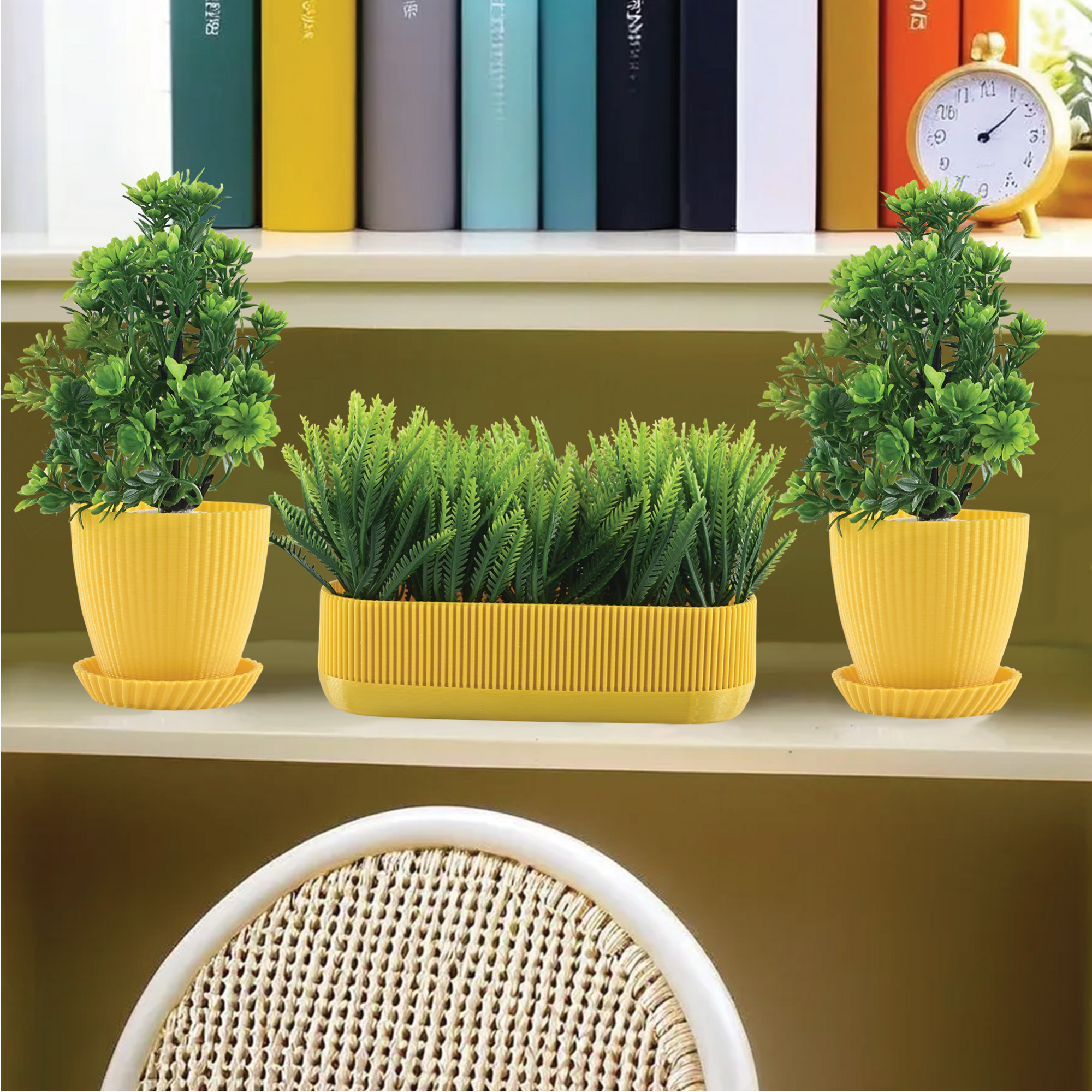 Kuber Industries 3 Pcs Set Plastic Mini Artificial Plants with Pot and Tray  Table Top  TV Unit Decorative Items for Living Room  Faux Plants for Home Decor  Office Desk  1002 - Yellow