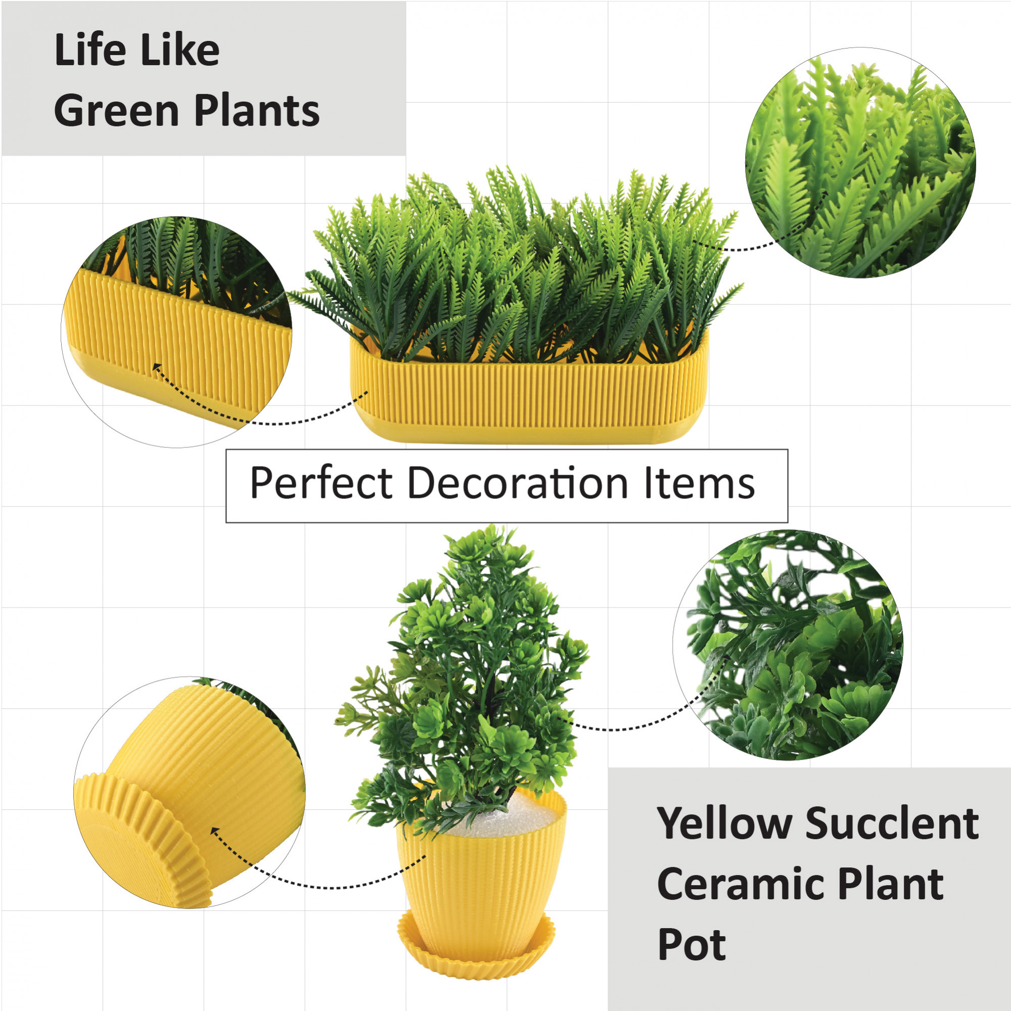 Kuber Industries 3 Pcs Set Plastic Mini Artificial Plants with Pot and Tray  Table Top  TV Unit Decorative Items for Living Room  Faux Plants for Home Decor  Office Desk  1002 - Yellow