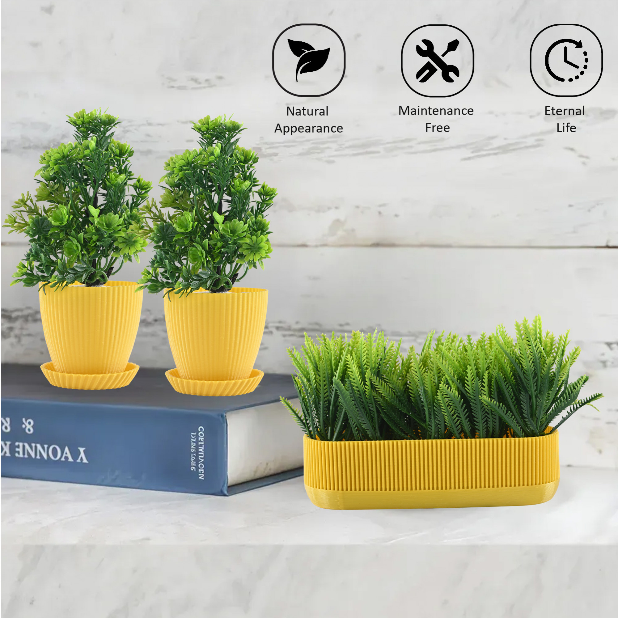 Kuber Industries 3 Pcs Set Plastic Mini Artificial Plants with Pot and Tray  Table Top  TV Unit Decorative Items for Living Room  Faux Plants for Home Decor  Office Desk  1002 - Yellow