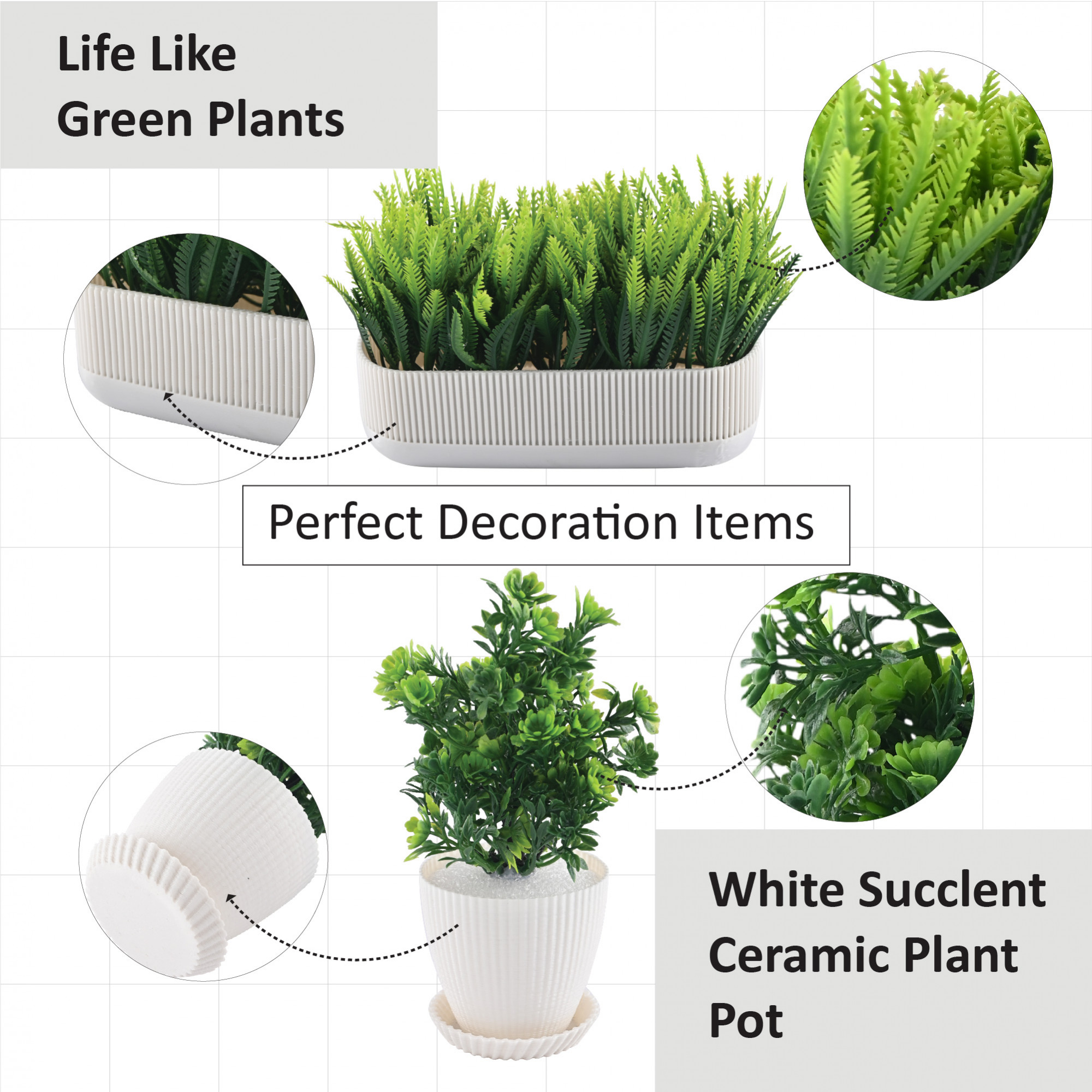 Kuber Industries 3 Pcs Set Plastic Mini Artificial Plants with Pot and Tray  Table Top  TV Unit Decorative Items for Living Room  Faux Plants for Home Decor  Office Desk  1002 - White