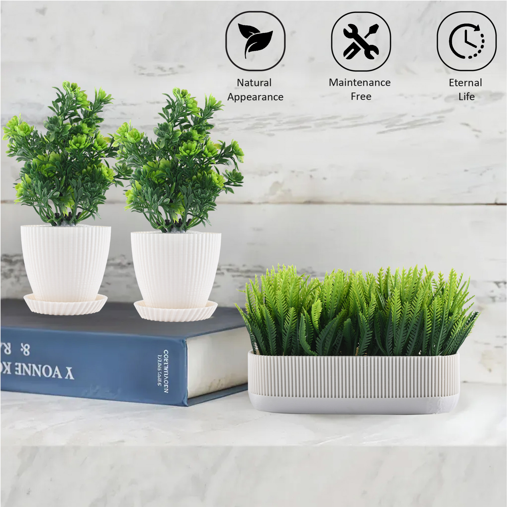 Kuber Industries 3 Pcs Set Plastic Mini Artificial Plants with Pot and Tray  Table Top  TV Unit Decorative Items for Living Room  Faux Plants for Home Decor  Office Desk  1002 - White