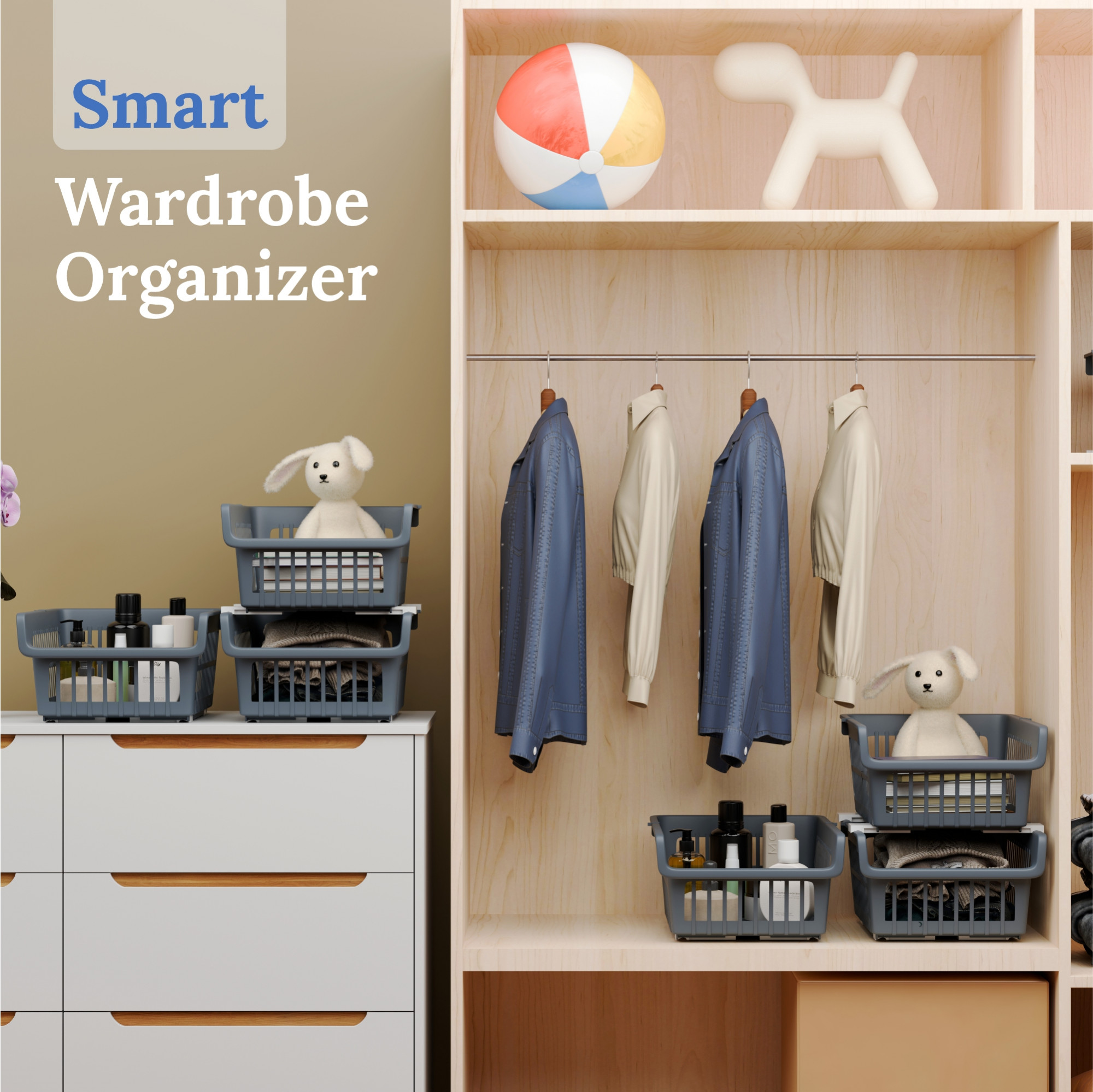 Kuber Industries 3 Pcs Set Plastic Stackable Wardrobe Organizer Rack for Storage  Multipurpose Sliding Basket for Modular Kitchen and Bathroom Countertop  Grey