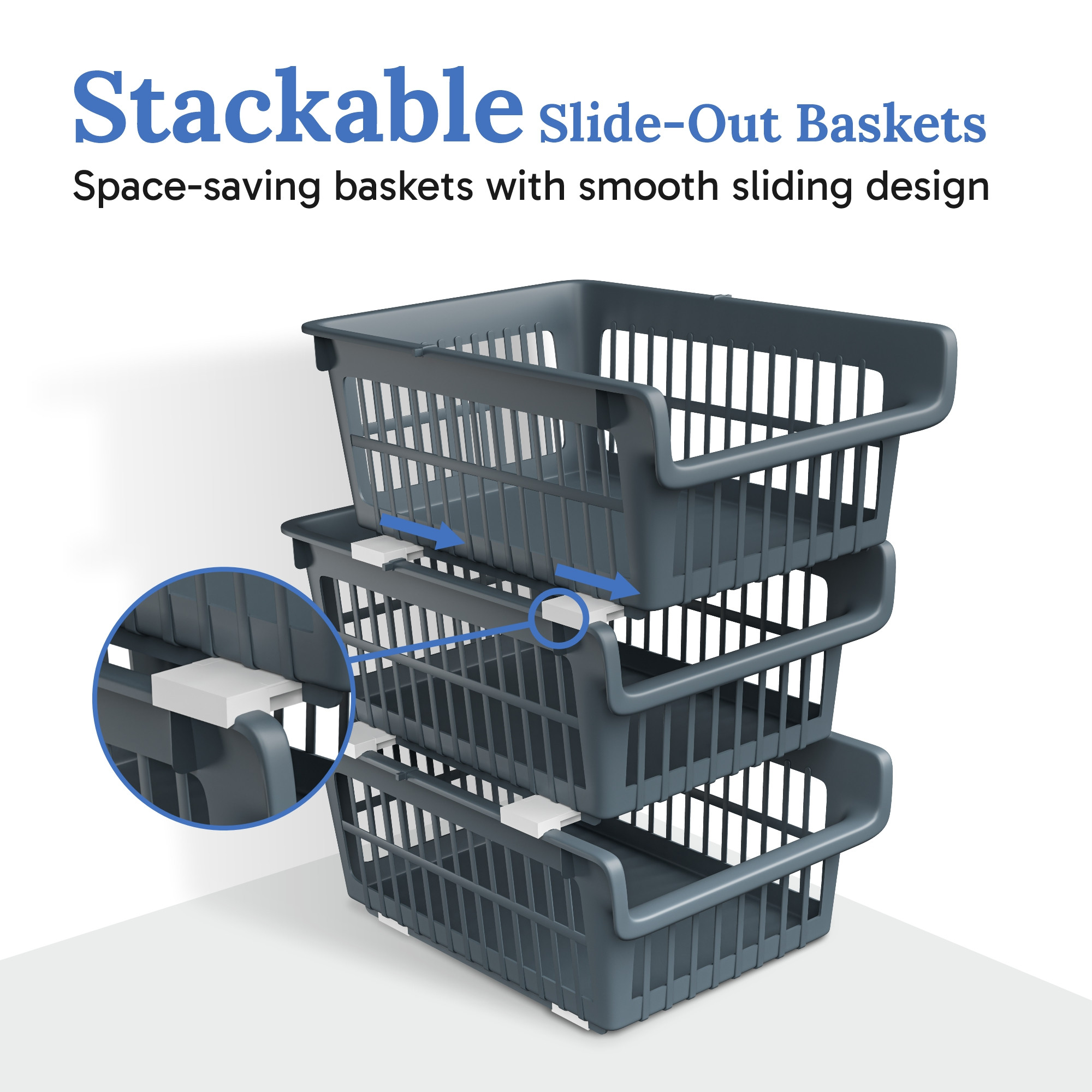 Kuber Industries 3 Pcs Set Plastic Stackable Wardrobe Organizer Rack for Storage  Multipurpose Sliding Basket for Modular Kitchen and Bathroom Countertop  Grey