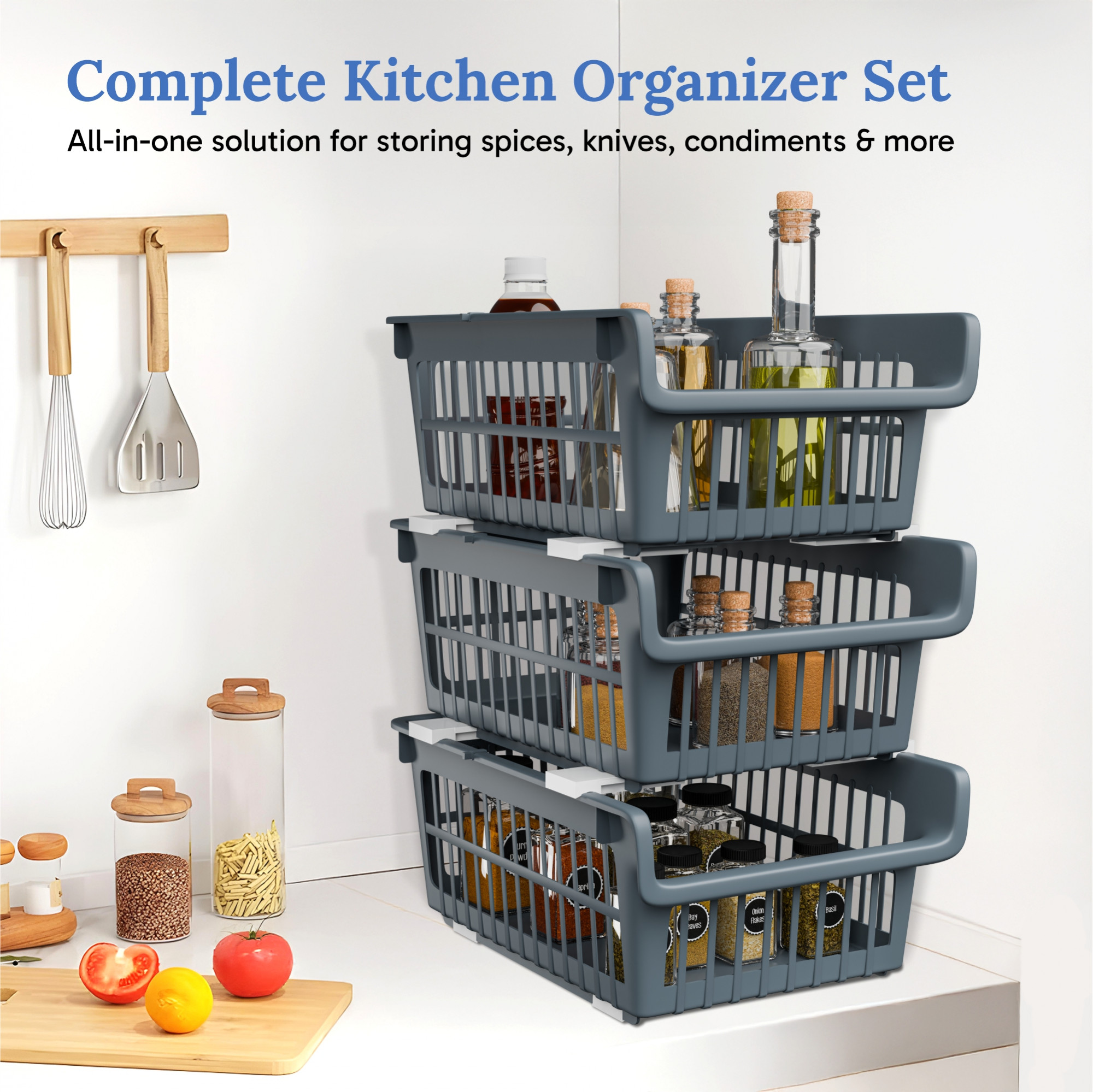 Kuber Industries 3 Pcs Set Plastic Stackable Wardrobe Organizer Rack for Storage  Multipurpose Sliding Basket for Modular Kitchen and Bathroom Countertop  Grey