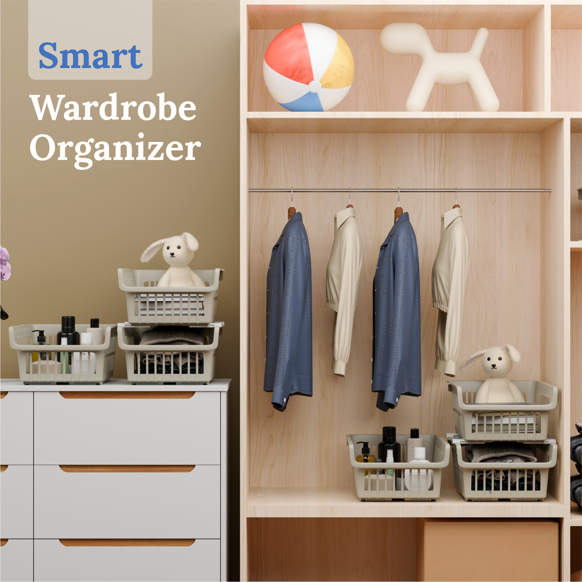 Kuber Industries 3 Pcs Set Plastic Stackable Wardrobe Organizer Rack for Storage  Multipurpose Sliding Basket for Modular Kitchen and Bathroom Countertop  Beige