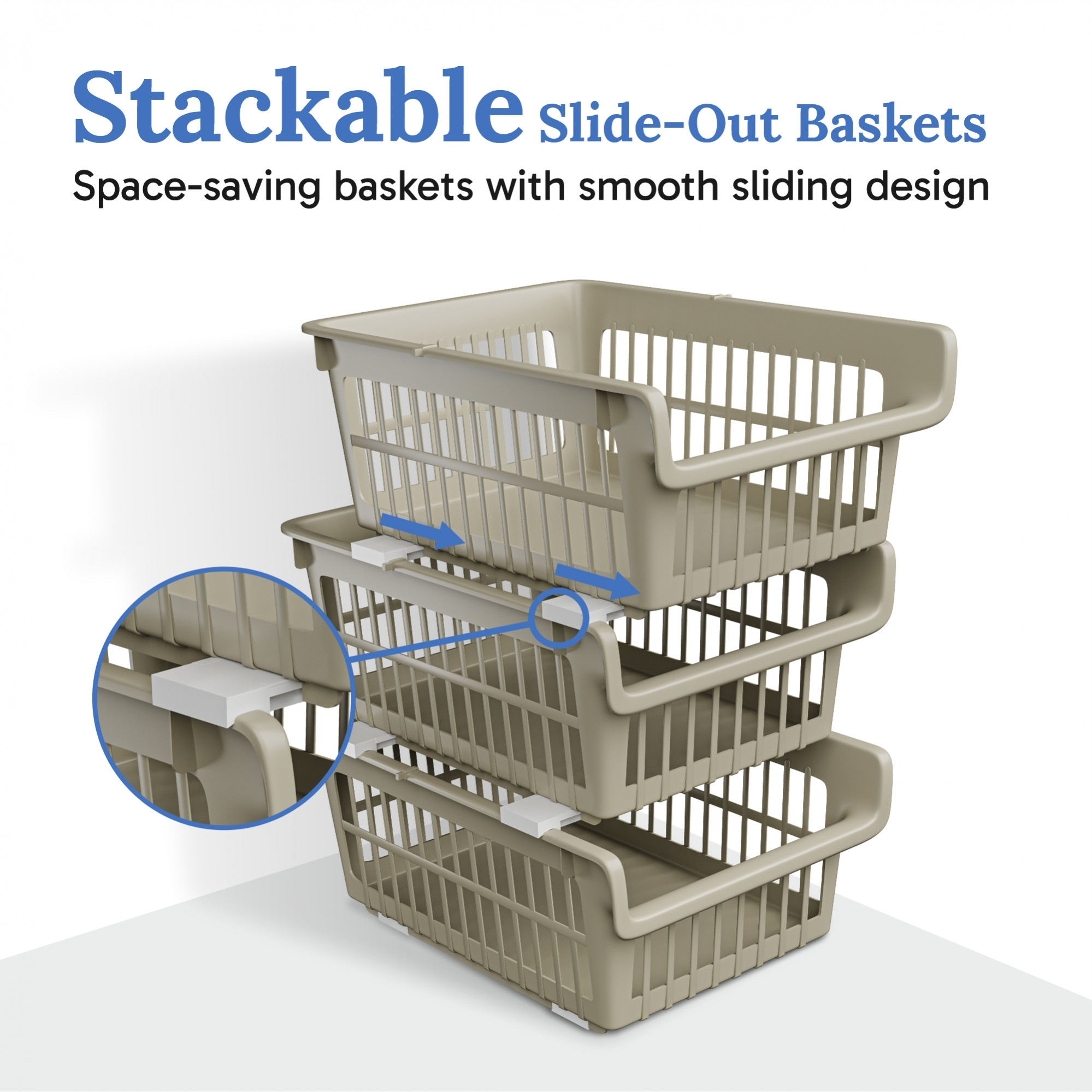 Kuber Industries 3 Pcs Set Plastic Stackable Wardrobe Organizer Rack for Storage  Multipurpose Sliding Basket for Modular Kitchen and Bathroom Countertop  Beige