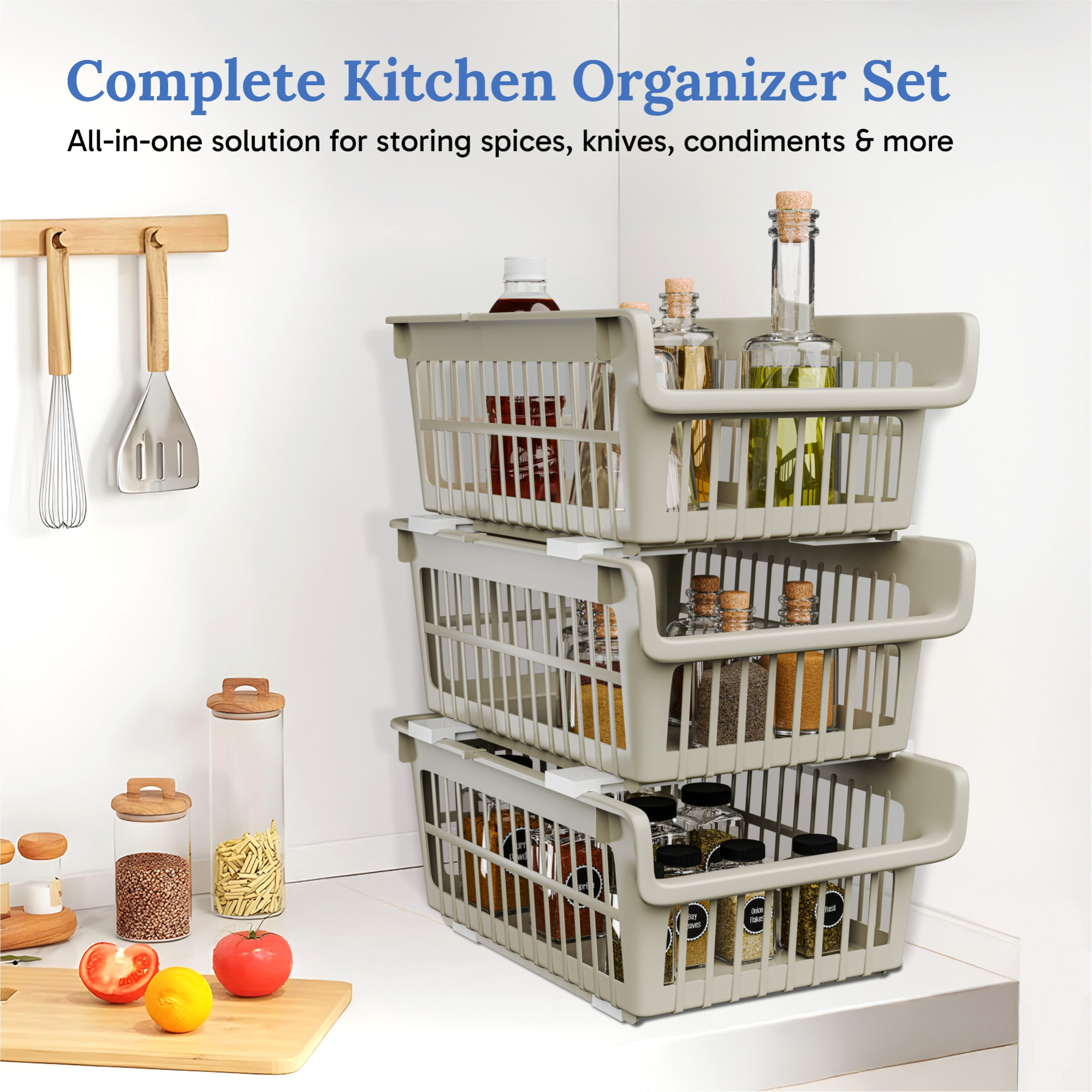 Kuber Industries 3 Pcs Set Plastic Stackable Wardrobe Organizer Rack for Storage  Multipurpose Sliding Basket for Modular Kitchen and Bathroom Countertop  Beige