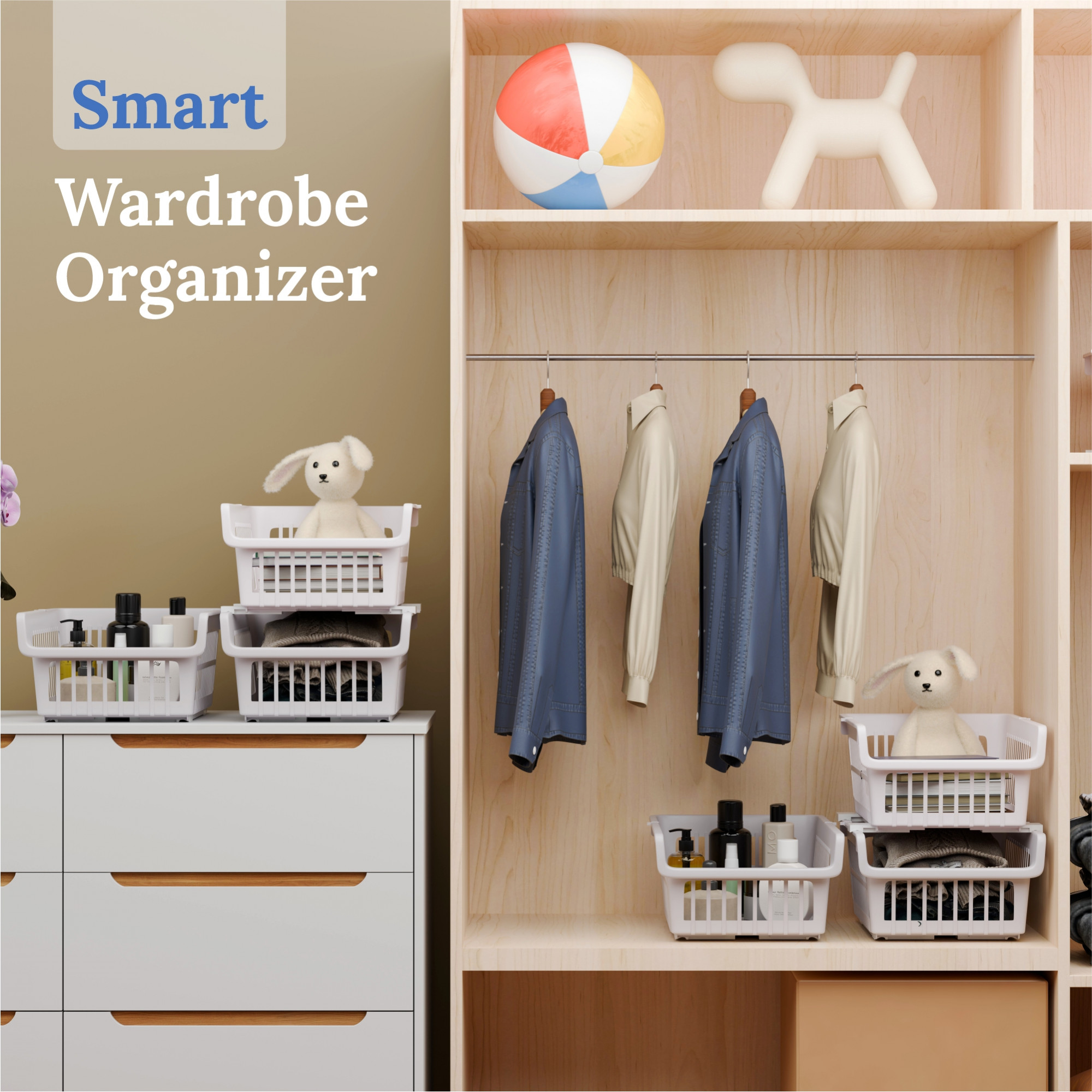 Kuber Industries 3 Pcs Set Plastic Stackable Wardrobe Organizer Rack for Storage  Multipurpose Sliding Basket for Modular Kitchen and Bathroom Countertop  Pink Marble