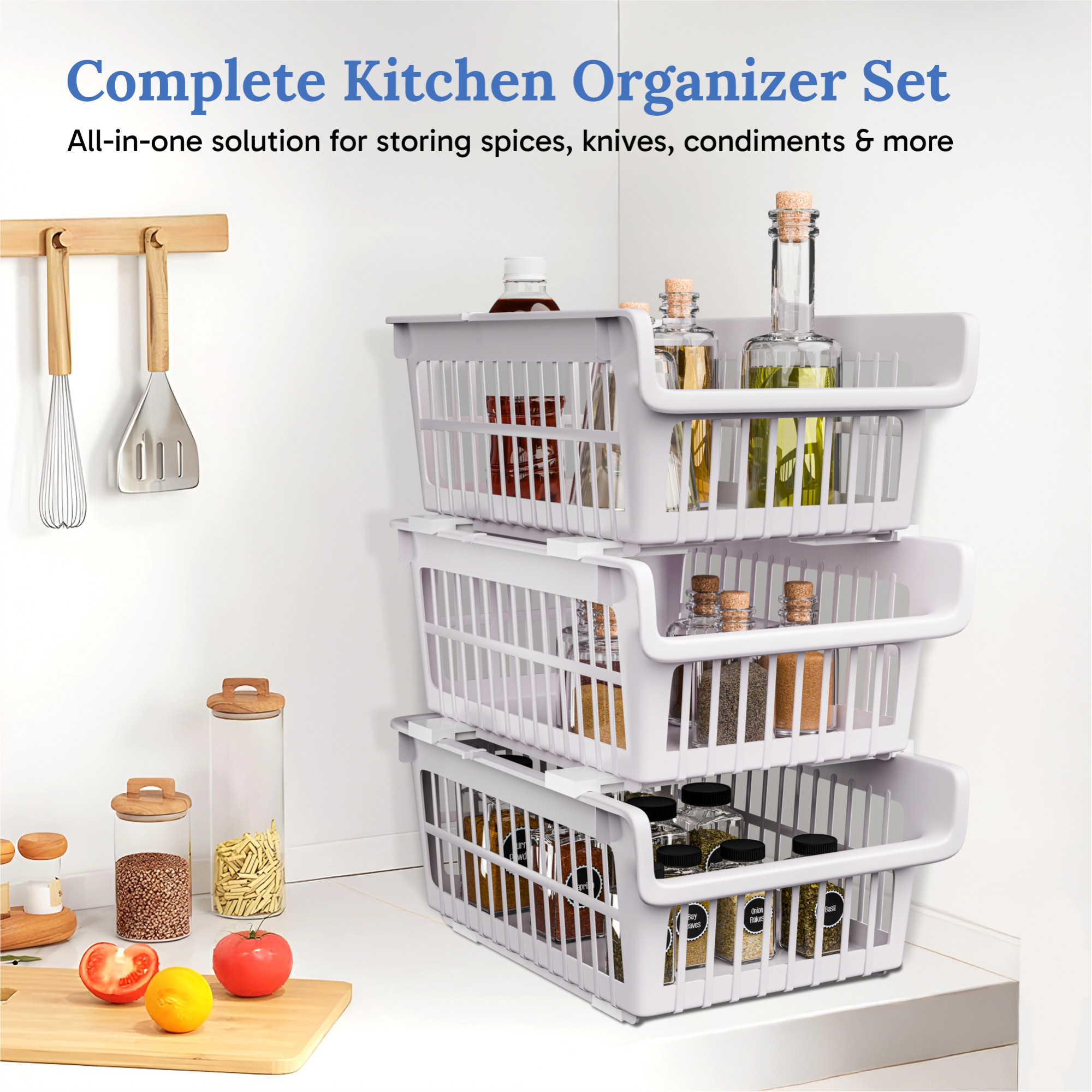 Kuber Industries 3 Pcs Set Plastic Stackable Wardrobe Organizer Rack for Storage  Multipurpose Sliding Basket for Modular Kitchen and Bathroom Countertop  Pink Marble