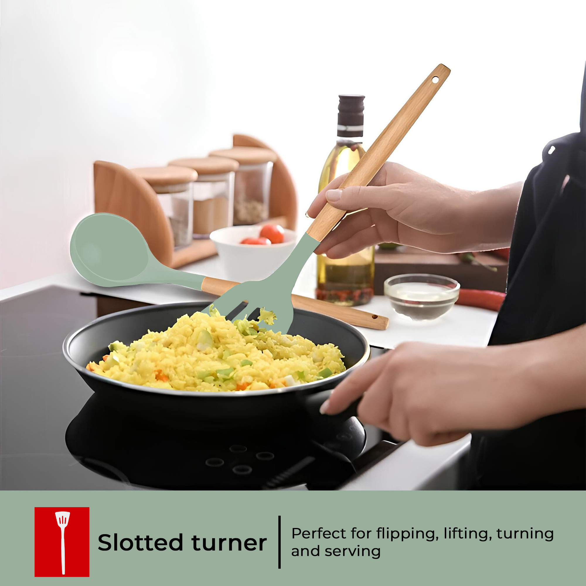 Kuber Industries 3 Pcs Silicone Nonstick Spatula Set with Wooden Handle  Heat Resistant Spatula for Kitchen  Kitchen Accessories Items for Cooking Baking  Mixing  HW-4-MINT  Mint