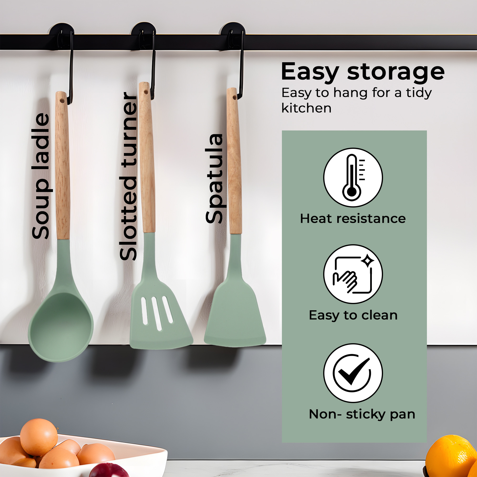 Kuber Industries 3 Pcs Silicone Nonstick Spatula Set with Wooden Handle  Heat Resistant Spatula for Kitchen  Kitchen Accessories Items for Cooking Baking  Mixing  HW-4-MINT  Mint