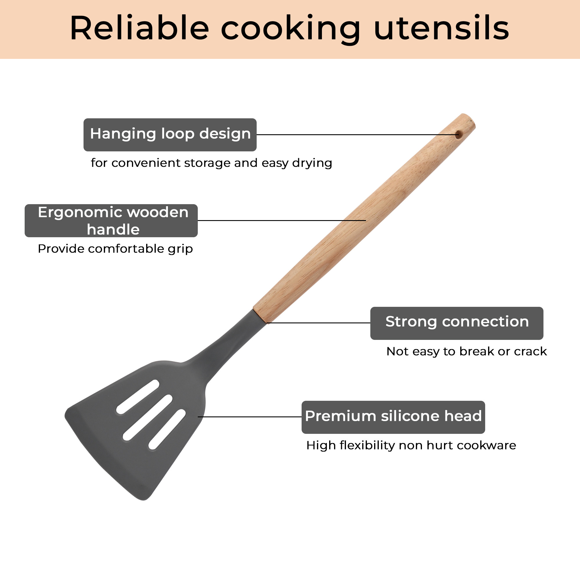 Kuber Industries 3 Pcs Silicone Nonstick Spatula Set with Wooden Handle  Heat Resistant Spatula for Kitchen  Kitchen Accessories Items for Cooking Baking  Mixing  HW-4-GRY  Grey