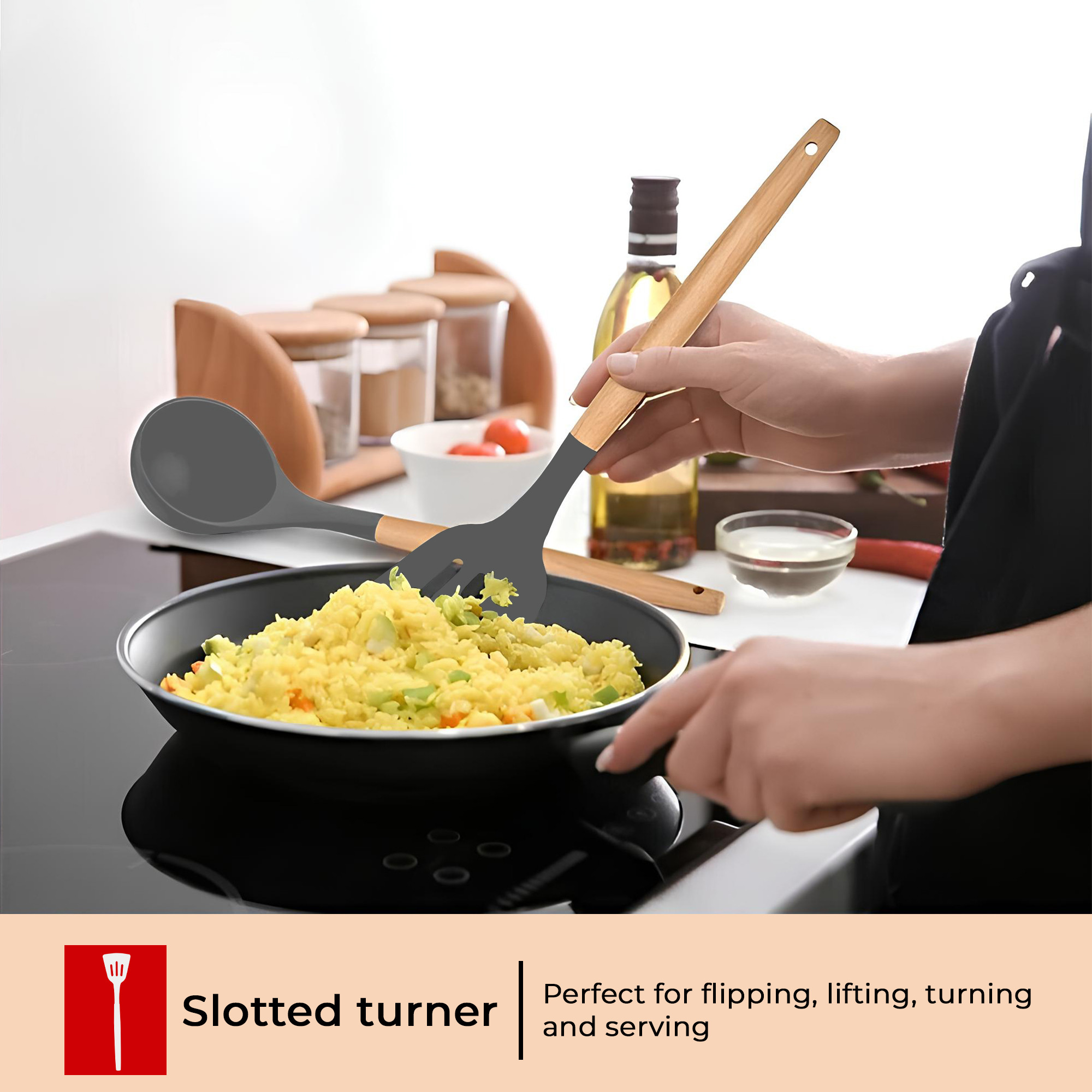 Kuber Industries 3 Pcs Silicone Nonstick Spatula Set with Wooden Handle  Heat Resistant Spatula for Kitchen  Kitchen Accessories Items for Cooking Baking  Mixing  HW-4-GRY  Grey