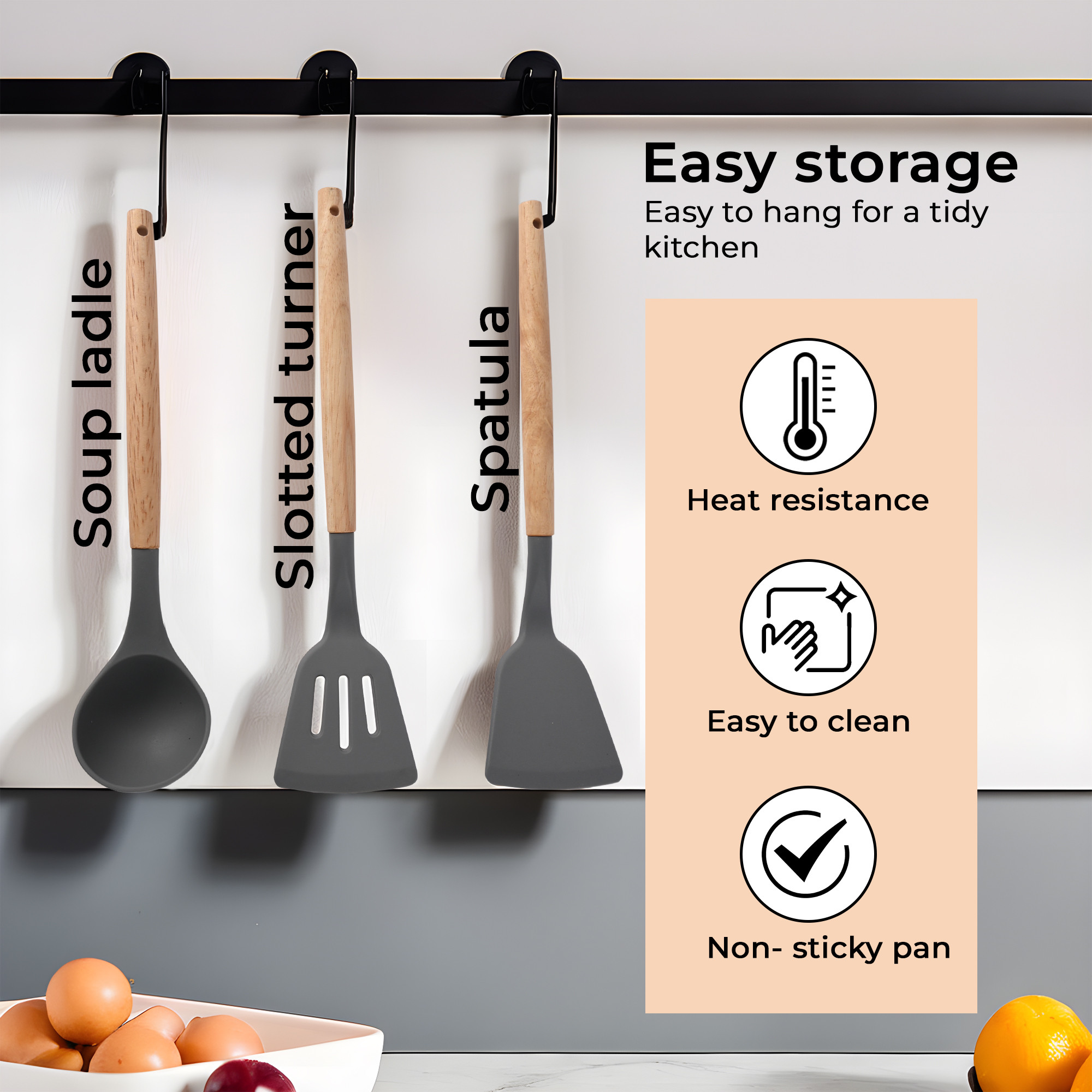 Kuber Industries 3 Pcs Silicone Nonstick Spatula Set with Wooden Handle  Heat Resistant Spatula for Kitchen  Kitchen Accessories Items for Cooking Baking  Mixing  HW-4-GRY  Grey