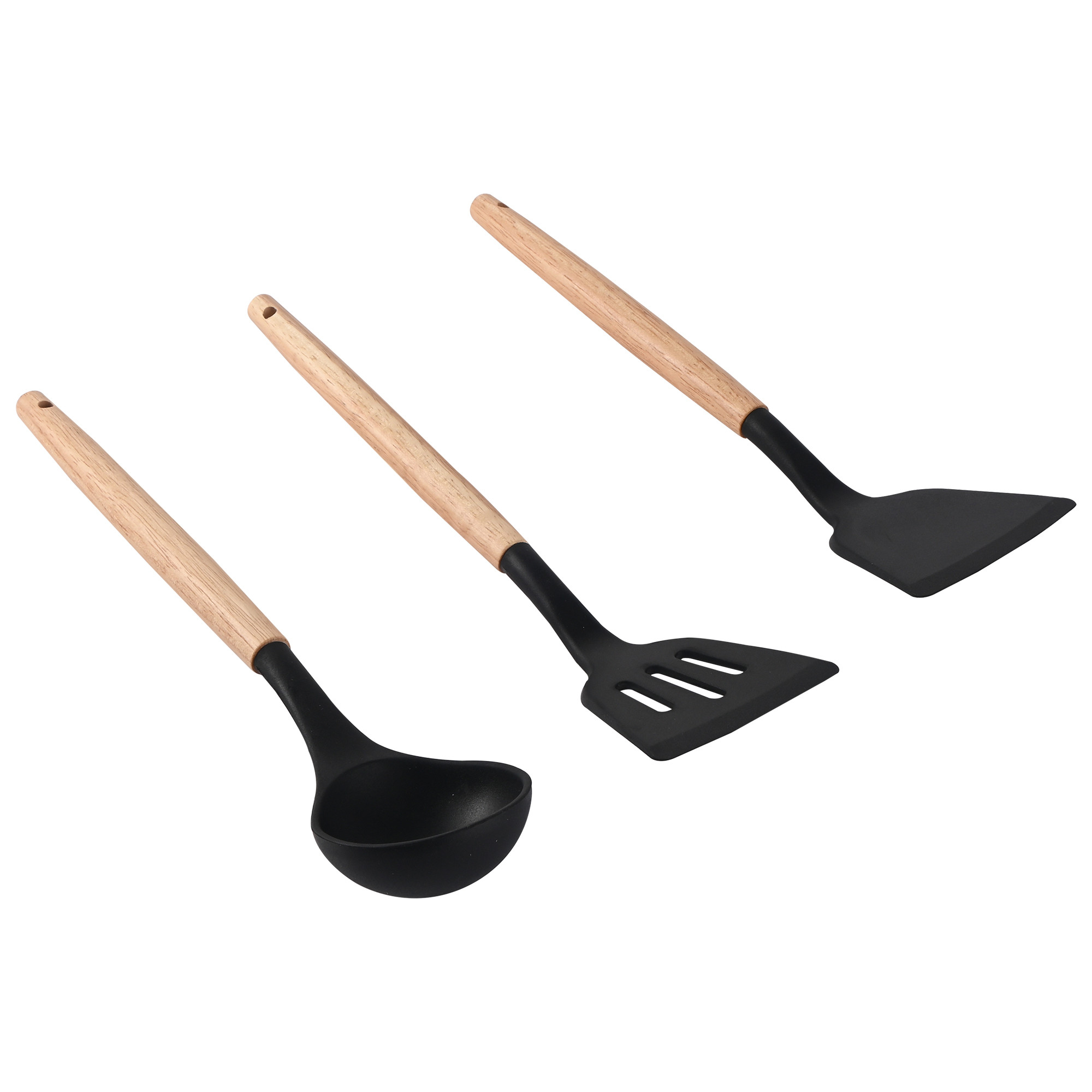 Kuber Industries 3 Pcs Silicone Nonstick Spatula Set with Wooden Handle  Heat Resistant Spatula for Kitchen  Kitchen Accessories Items for Cooking Baking  Mixing  HW-4-BLK  Black
