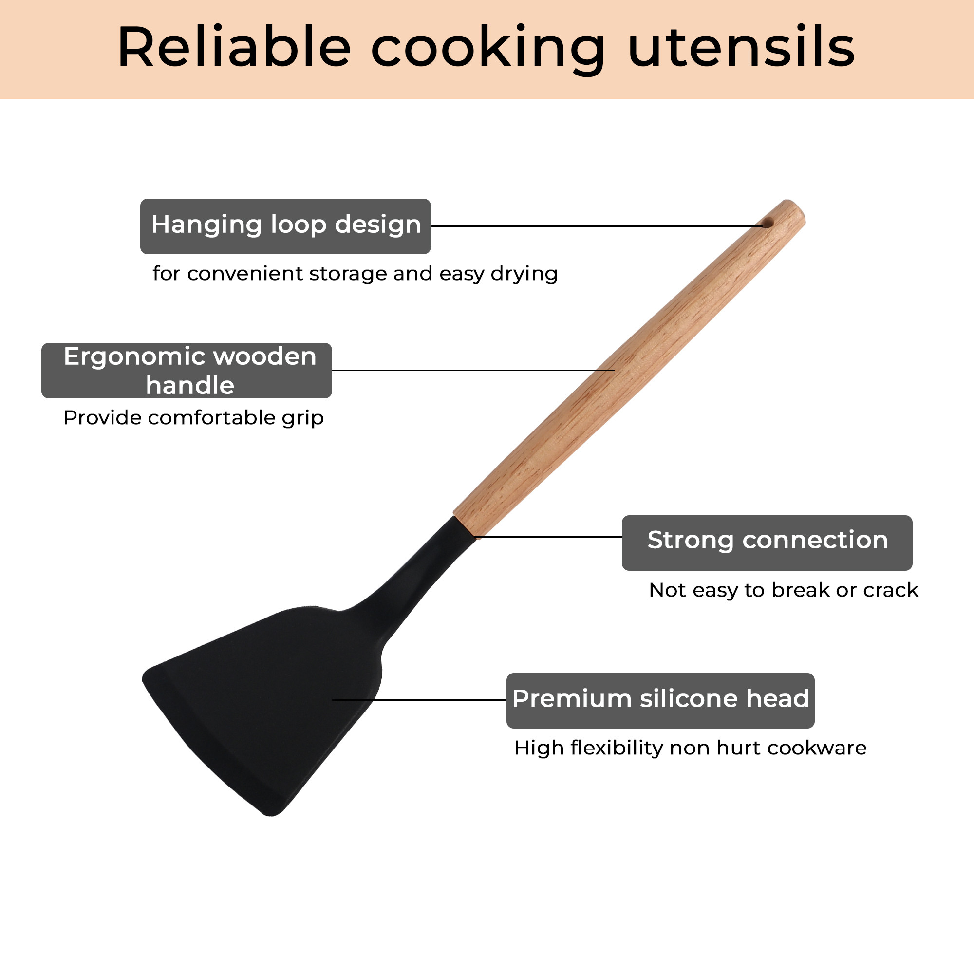 Kuber Industries 3 Pcs Silicone Nonstick Spatula Set with Wooden Handle  Heat Resistant Spatula for Kitchen  Kitchen Accessories Items for Cooking Baking  Mixing  HW-4-BLK  Black