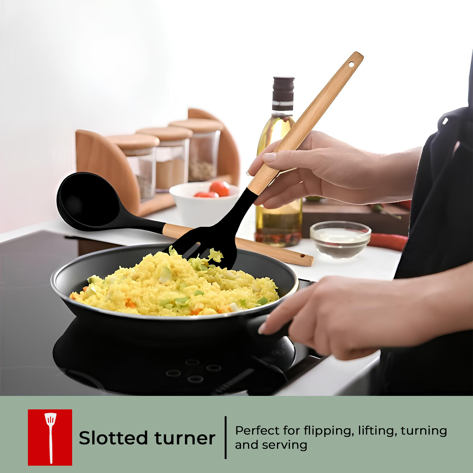 Kuber Industries 3 Pcs Silicone Nonstick Spatula Set with Wooden Handle  Heat Resistant Spatula for Kitchen  Kitchen Accessories Items for Cooking Baking  Mixing  HW-4-BLK  Black