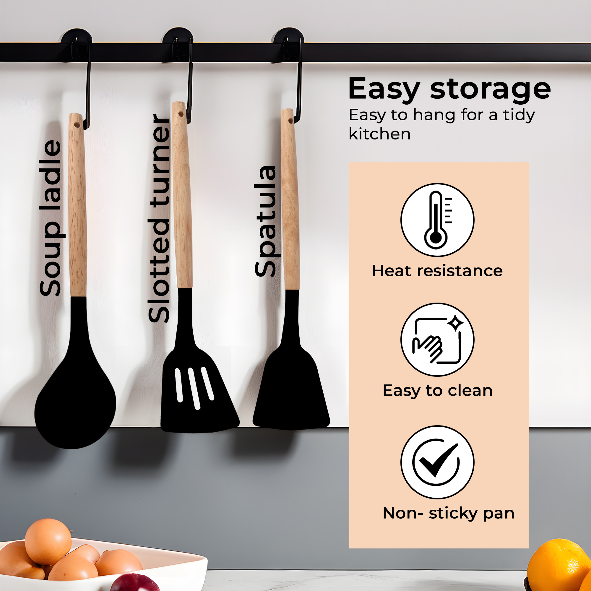 Kuber Industries 3 Pcs Silicone Nonstick Spatula Set with Wooden Handle  Heat Resistant Spatula for Kitchen  Kitchen Accessories Items for Cooking Baking  Mixing  HW-4-BLK  Black