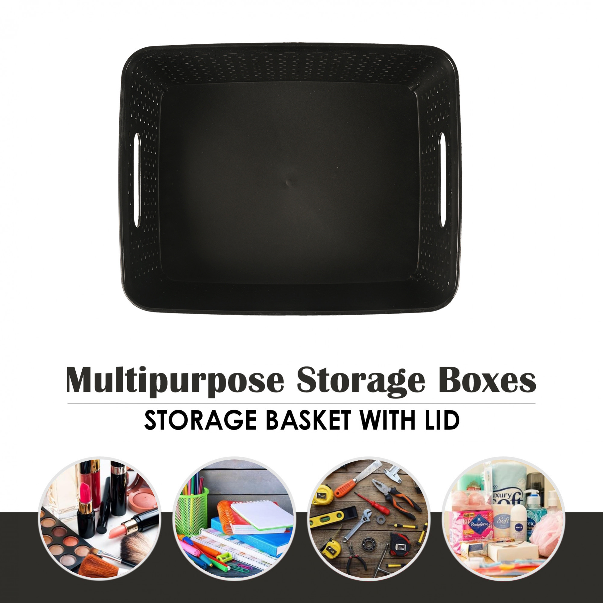 Kuber Industries 3 Pcs Stackable Plastic Storage Box with Lid  H3 Multi-Purpose Basket for Storage - Ideal Home Organizers for Baby Dress Stationary Medicine  Pooja Items  Black