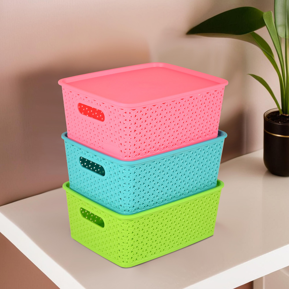 Image of Kuber Industries 3 Pcs Stackable Plastic Storage Box with Lid | H3 Multi-Purpose Basket for Storage - Ideal Home Organizers for Baby Dress, Stationary, Medicine &amp; Pooja Items | Multicolor