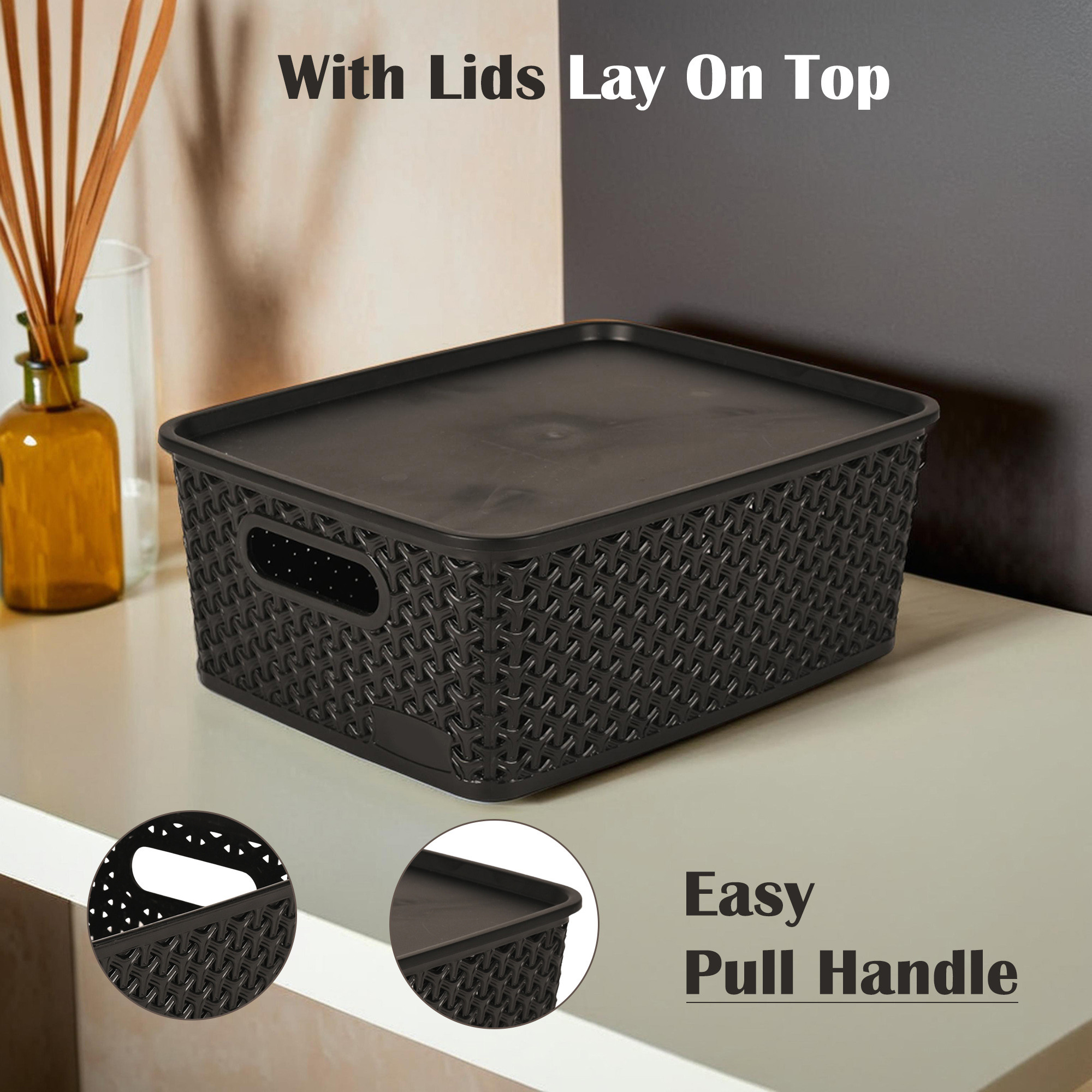 Kuber Industries 3 Pcs Stackable Plastic Storage Box with Lid  H5 Multi-Purpose Basket for Storage - Ideal Home Organizers for Baby Dress Stationary Medicine  Pooja Items  Black