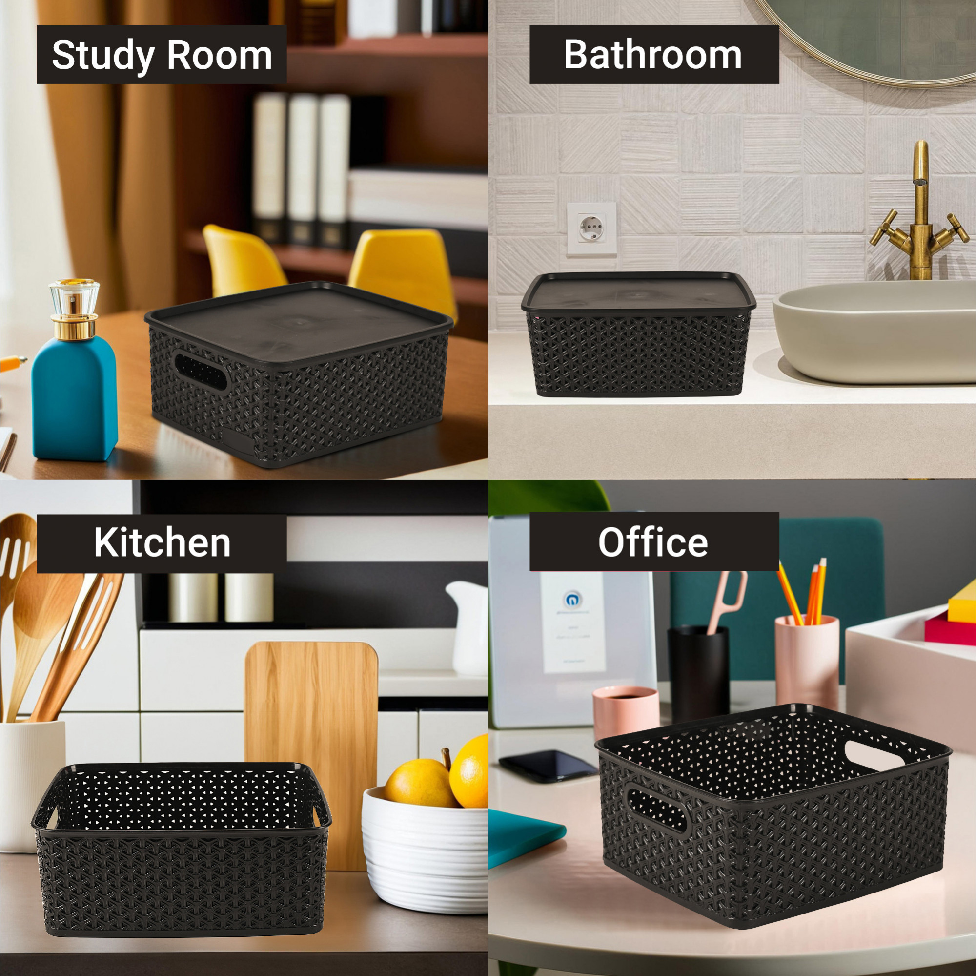 Kuber Industries 3 Pcs Stackable Plastic Storage Box with Lid  H5 Multi-Purpose Basket for Storage - Ideal Home Organizers for Baby Dress Stationary Medicine  Pooja Items  Black