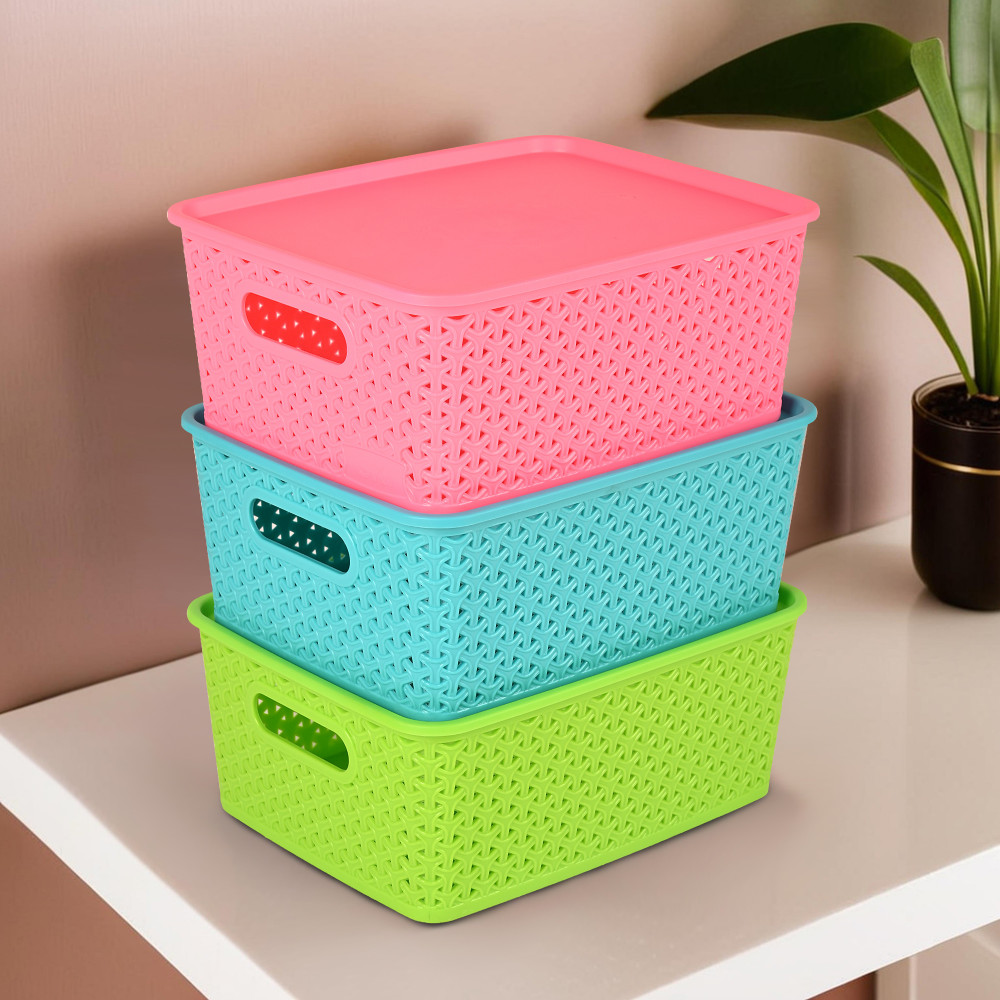 Image of Kuber Industries 3 Pcs Stackable Plastic Storage Box with Lid | H5 Multi-Purpose Basket for Storage - Ideal Home Organizers for Baby Dress, Stationary, Medicine &amp; Pooja Items | Multicolor