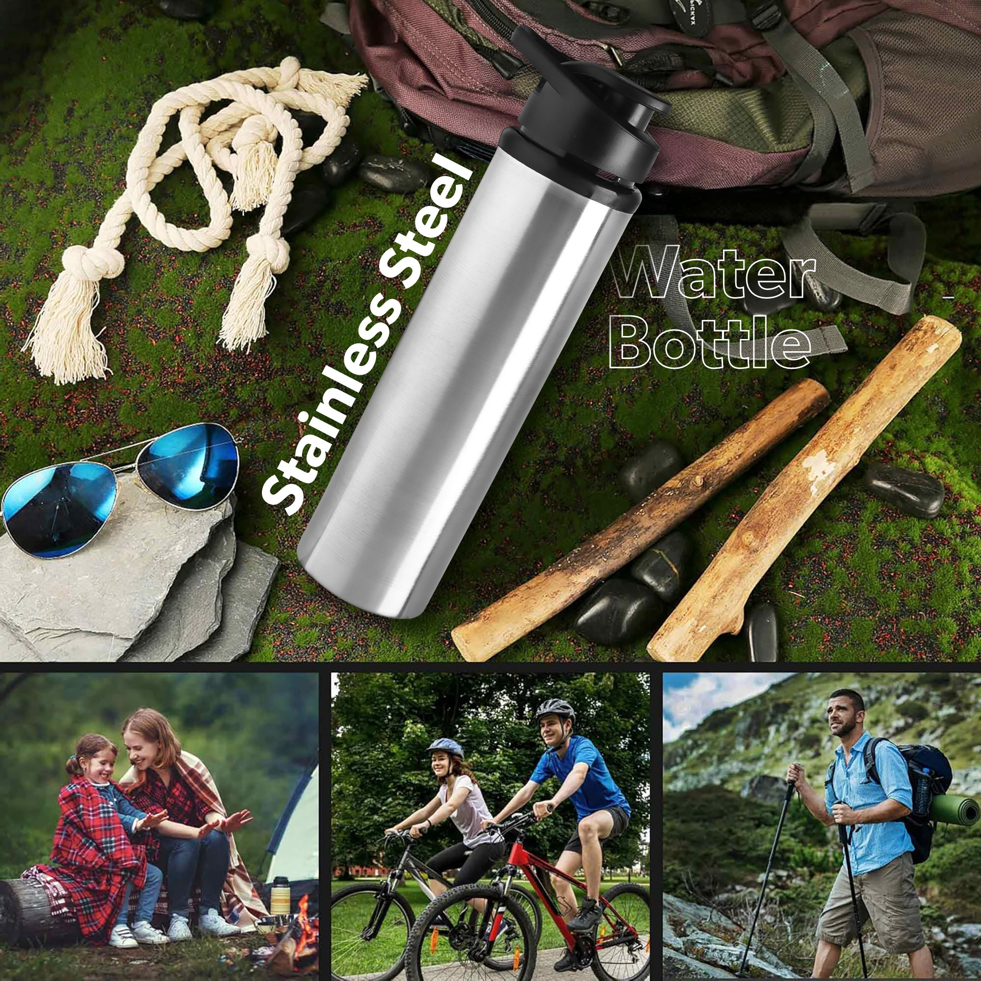 Kuber Industries 3 Pcs Stainless Steel 700 ml Water Bottle with Flip Top Cap  Single Walled and Rust Free Drinking Water Bottles for School Office and Gym  Leakproof and Easy to Carry  Silver