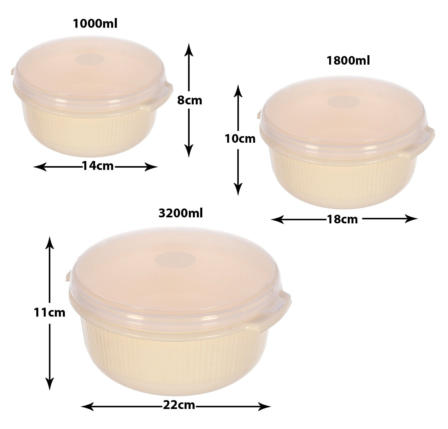 Kuber Industries 3 Piece Multiuses Plastic Serving/Mixing Bowls, Food Storage Containers Set With Lid, (3200ml, 1800ml, 1000ml) (Cream)-46KM0317