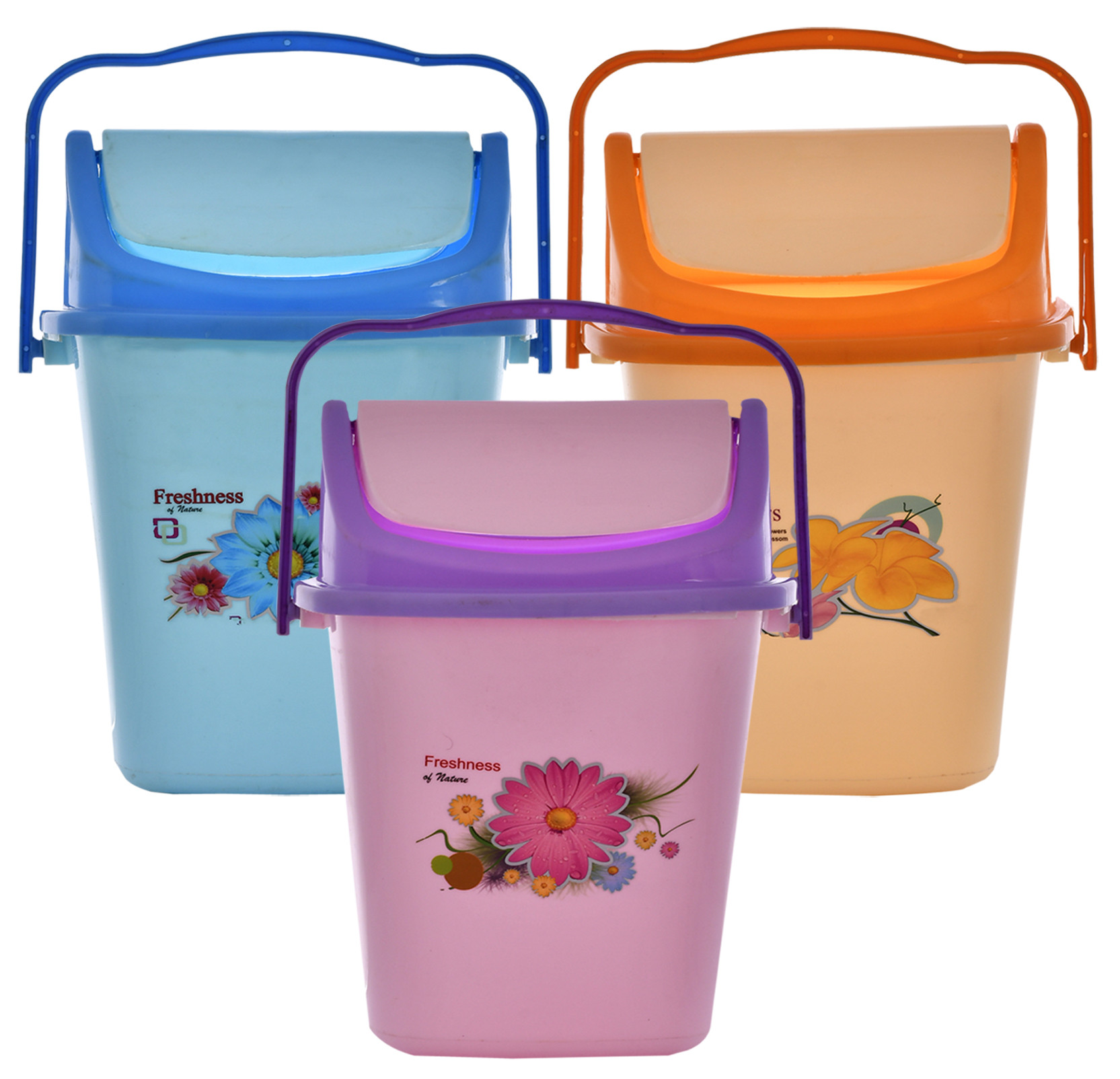 Kuber Industries 3 Pieces Pluto Plastic Swing Printed Garbage Waste Dustbin for Home, Office with Handle, 5 Liters (Cream & Blue & Purple)-KUBMART3110