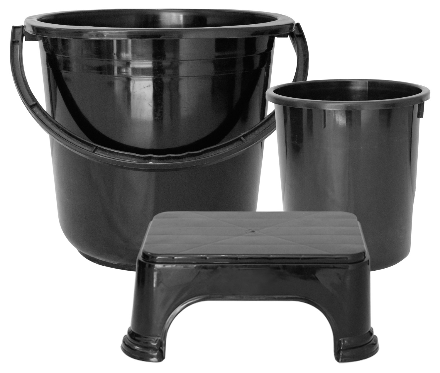 Kuber Industries 3 Pieces Unbreakable Virgin Plastic Multipurpose Bucket, Dustbin & Stool Set (Black)