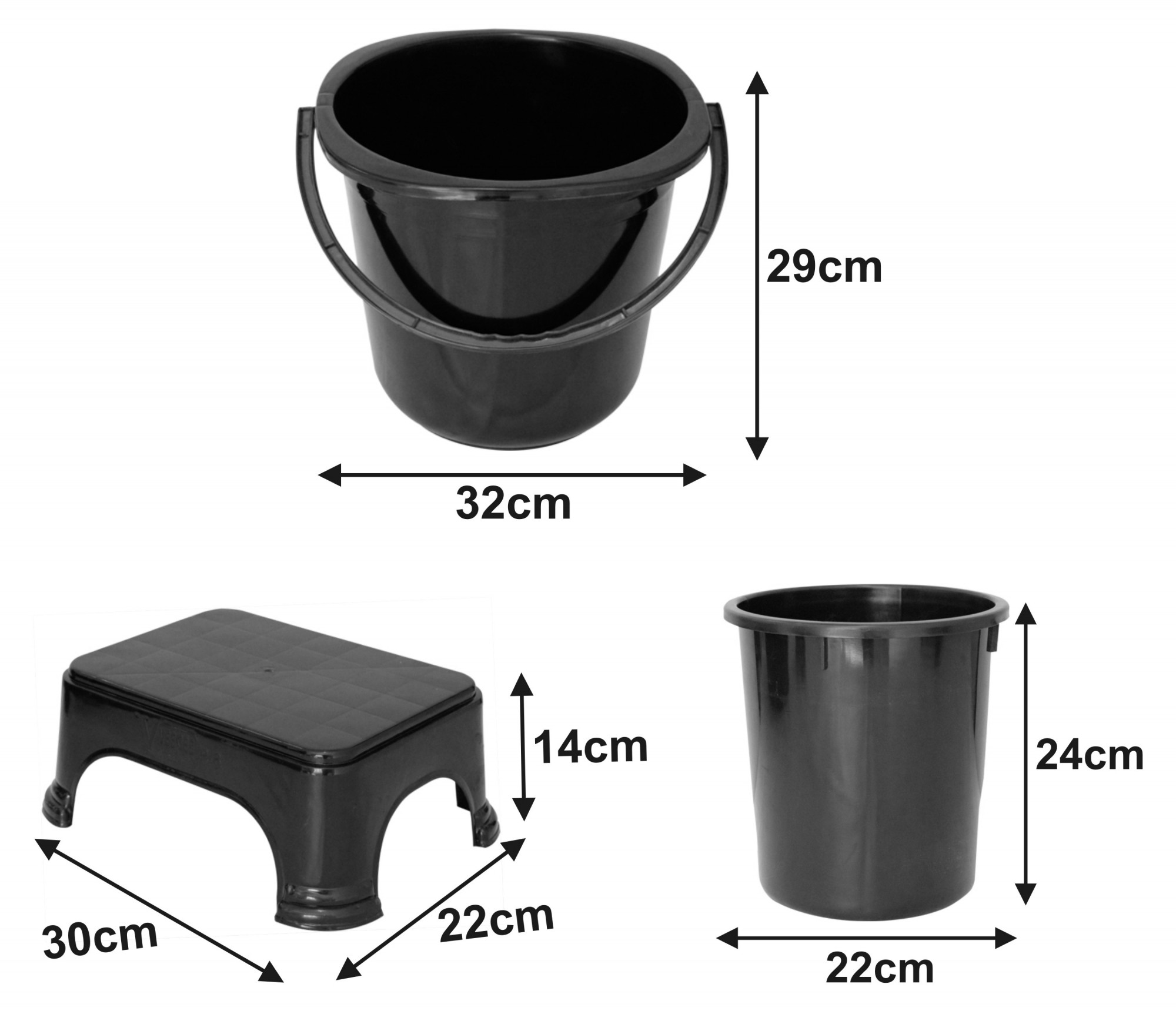Kuber Industries 3 Pieces Unbreakable Virgin Plastic Multipurpose Bucket, Dustbin & Stool Set (Black)